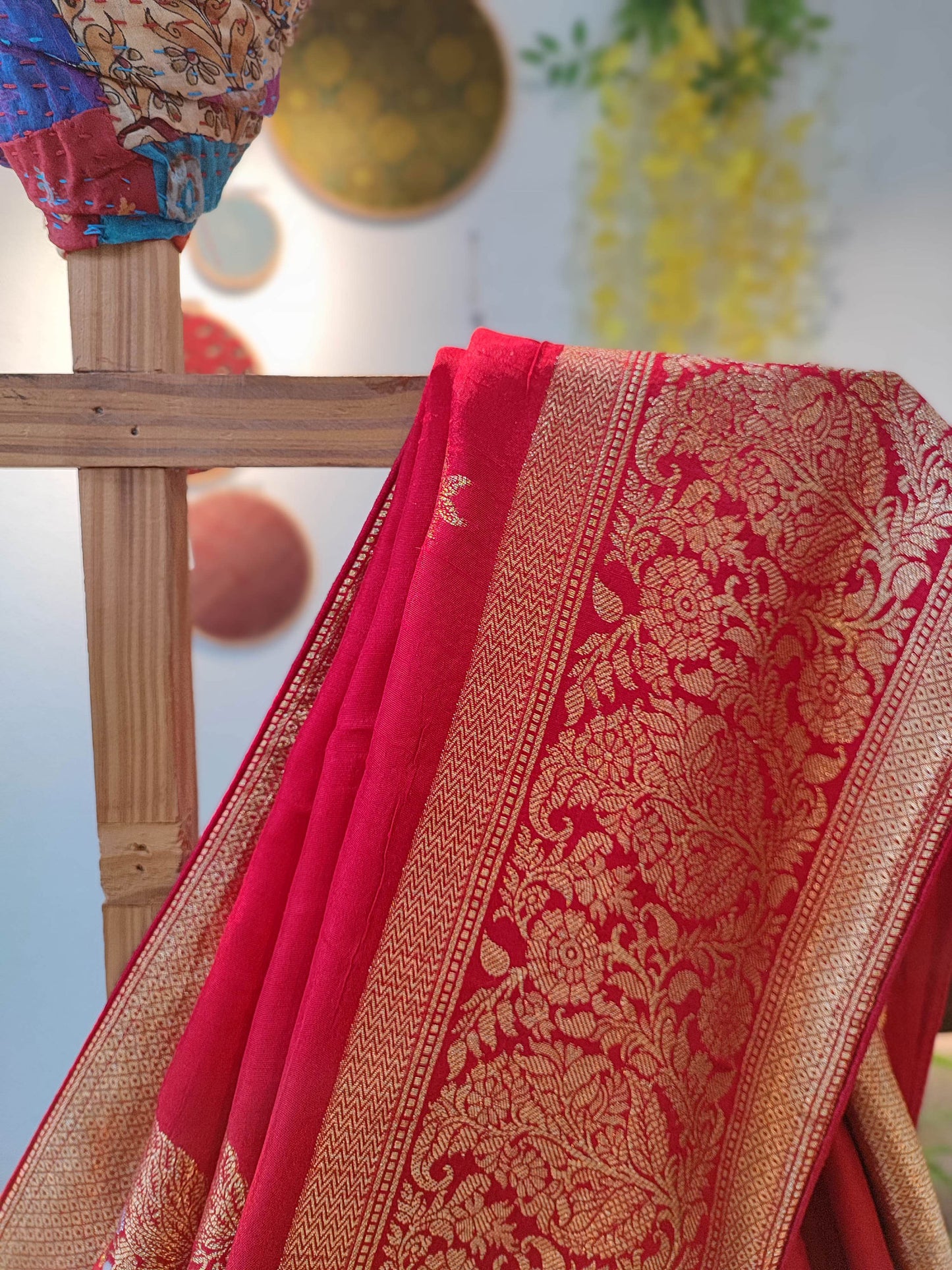 Rose Red Pure Dola Silk With Banarasi Sona Rupa Kadhua Brocade Handweaving and Running Brocade Blouse