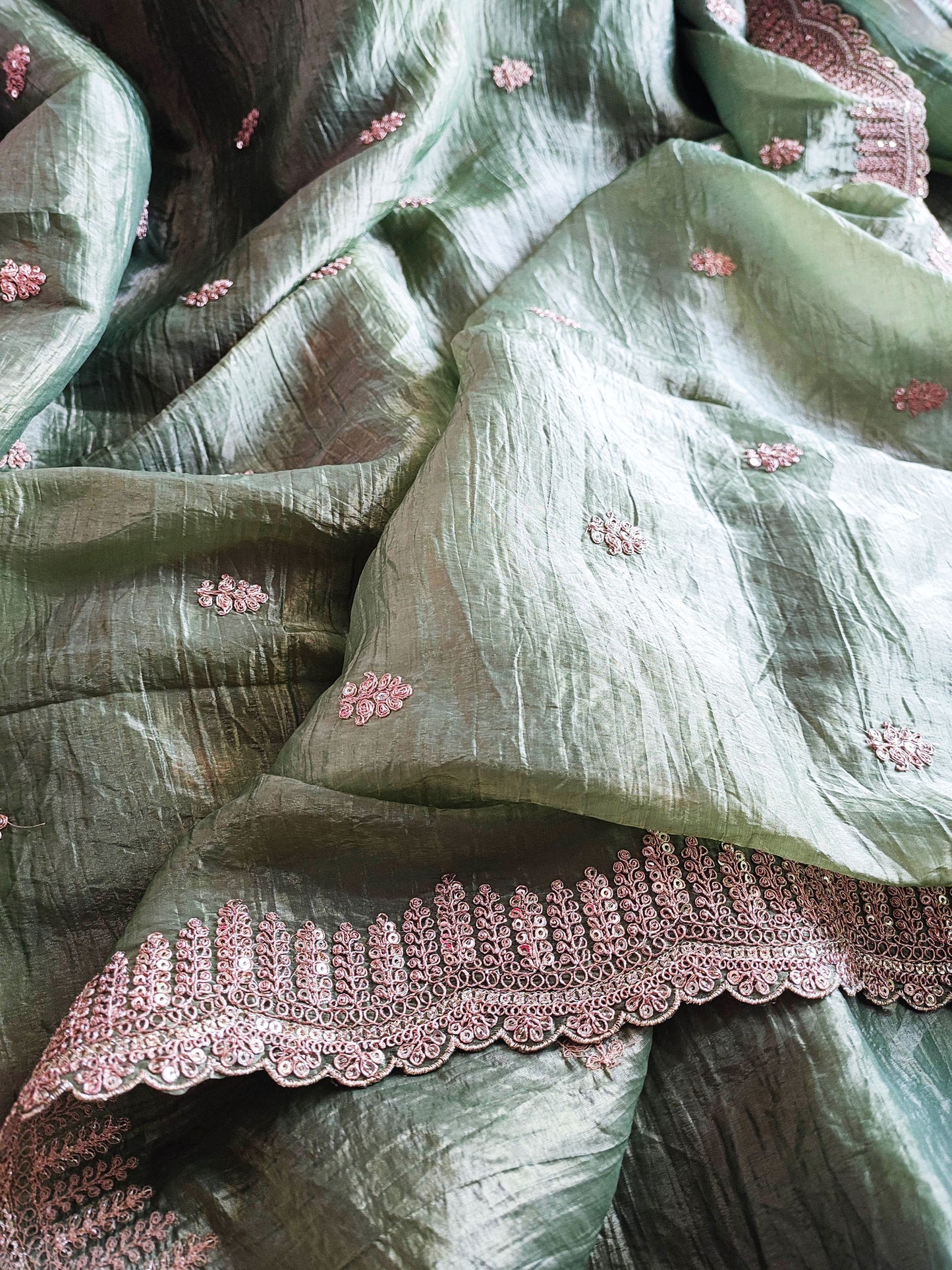 Sage Green Organza Tissue Silk Saree With Golden Embroided Motifs and Cutwork Embroided Border