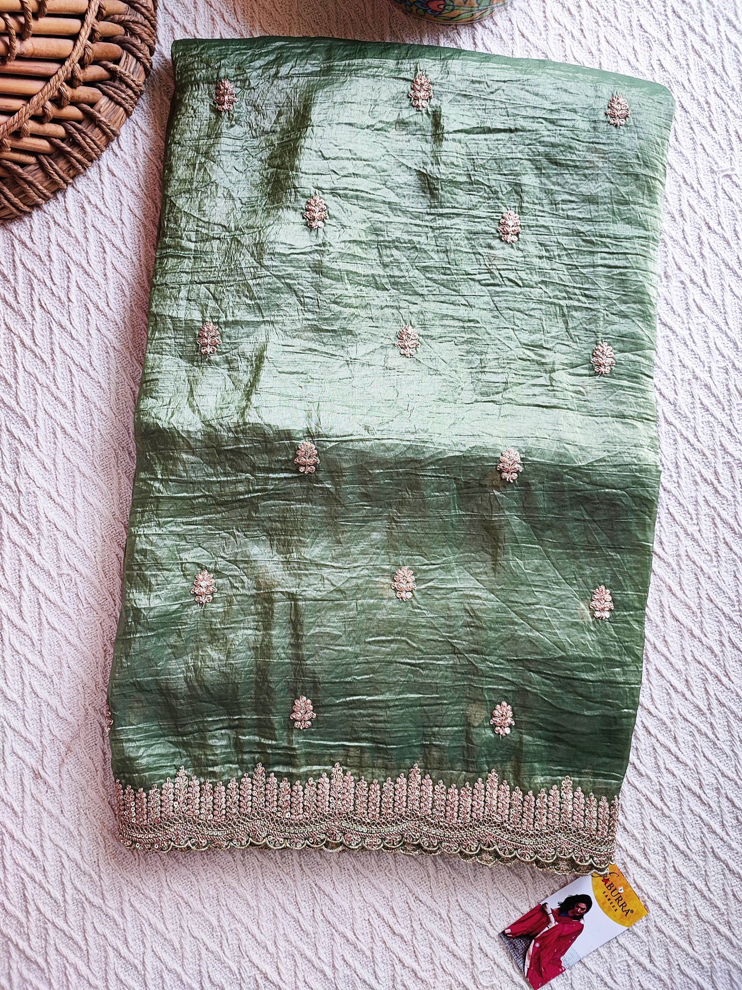 Sage Green Organza Tissue Silk Saree With Golden Embroided Motifs and Cutwork Embroided Border