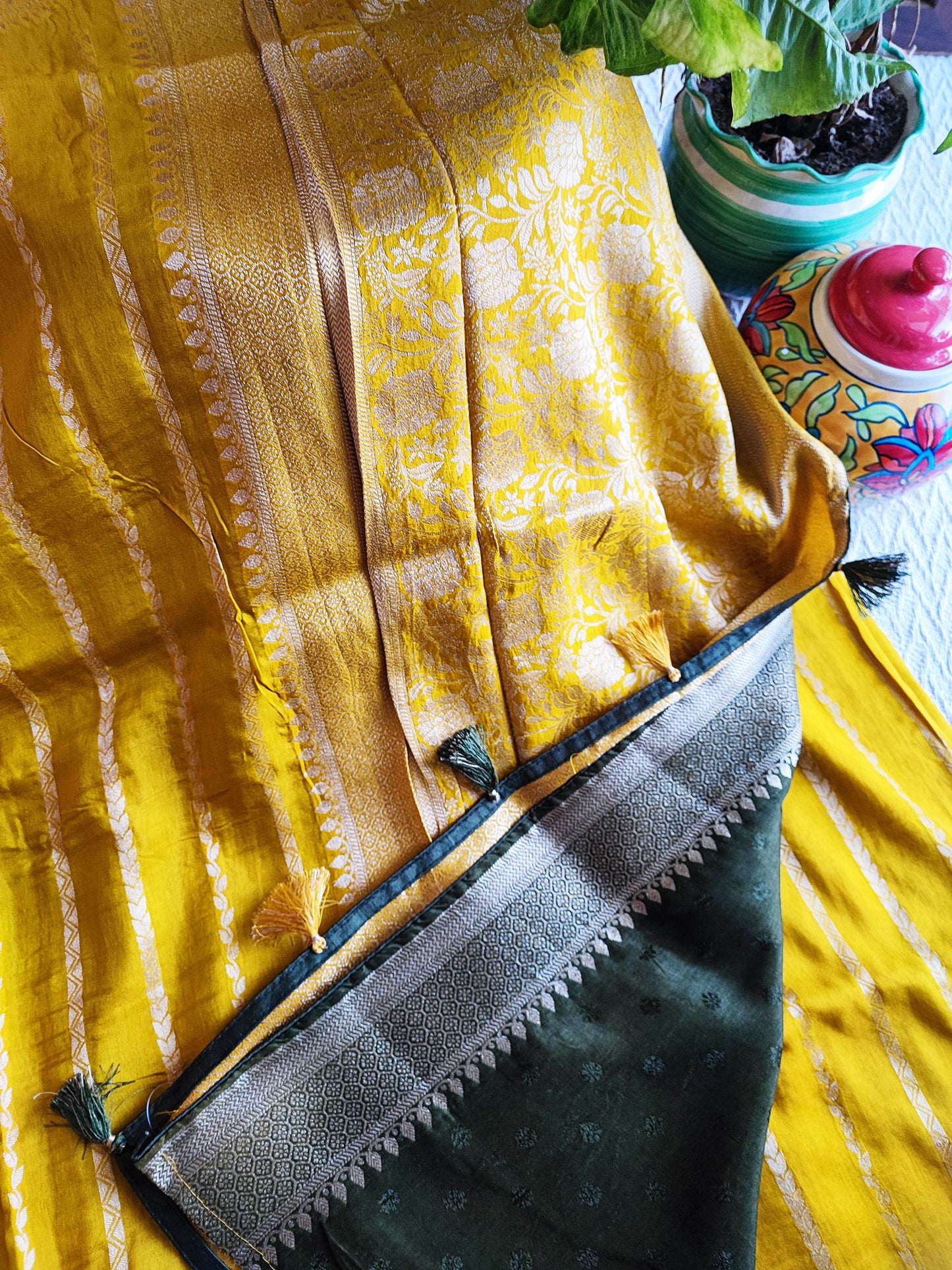 Mustard Banarsi Dola Silk Full Jaal Weaving Saree