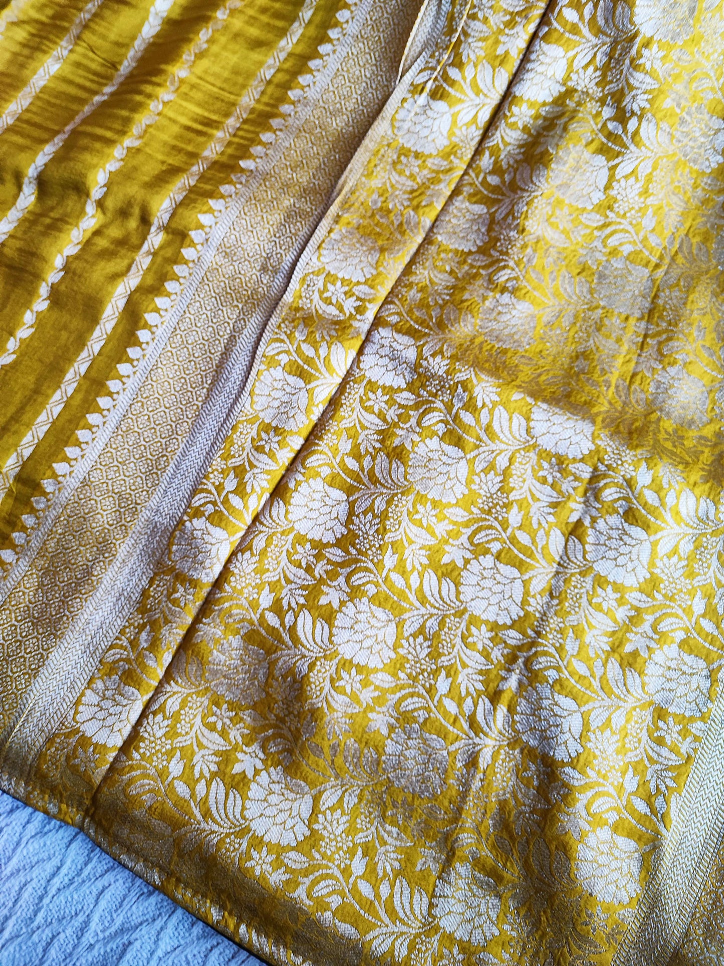 Mustard Banarsi Dola Silk Full Jaal Weaving Saree