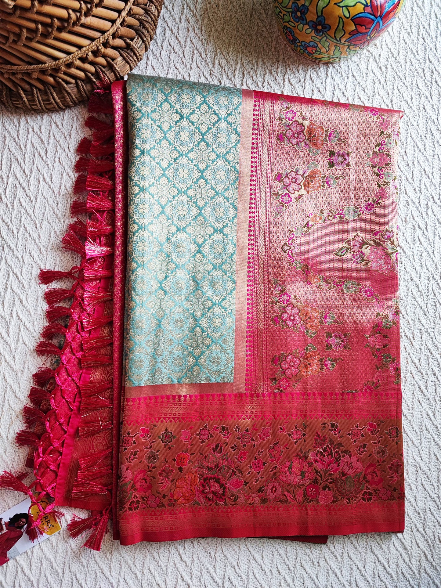 Magenta & Sea Green Banarasi Tanchoi Silk Brocade Saree