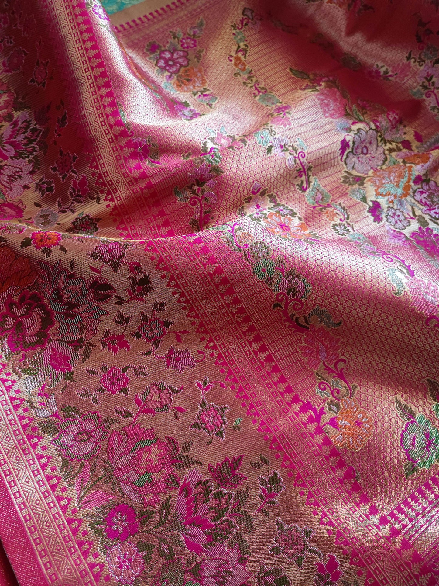 Magenta & Sea Green Banarasi Tanchoi Silk Brocade Saree