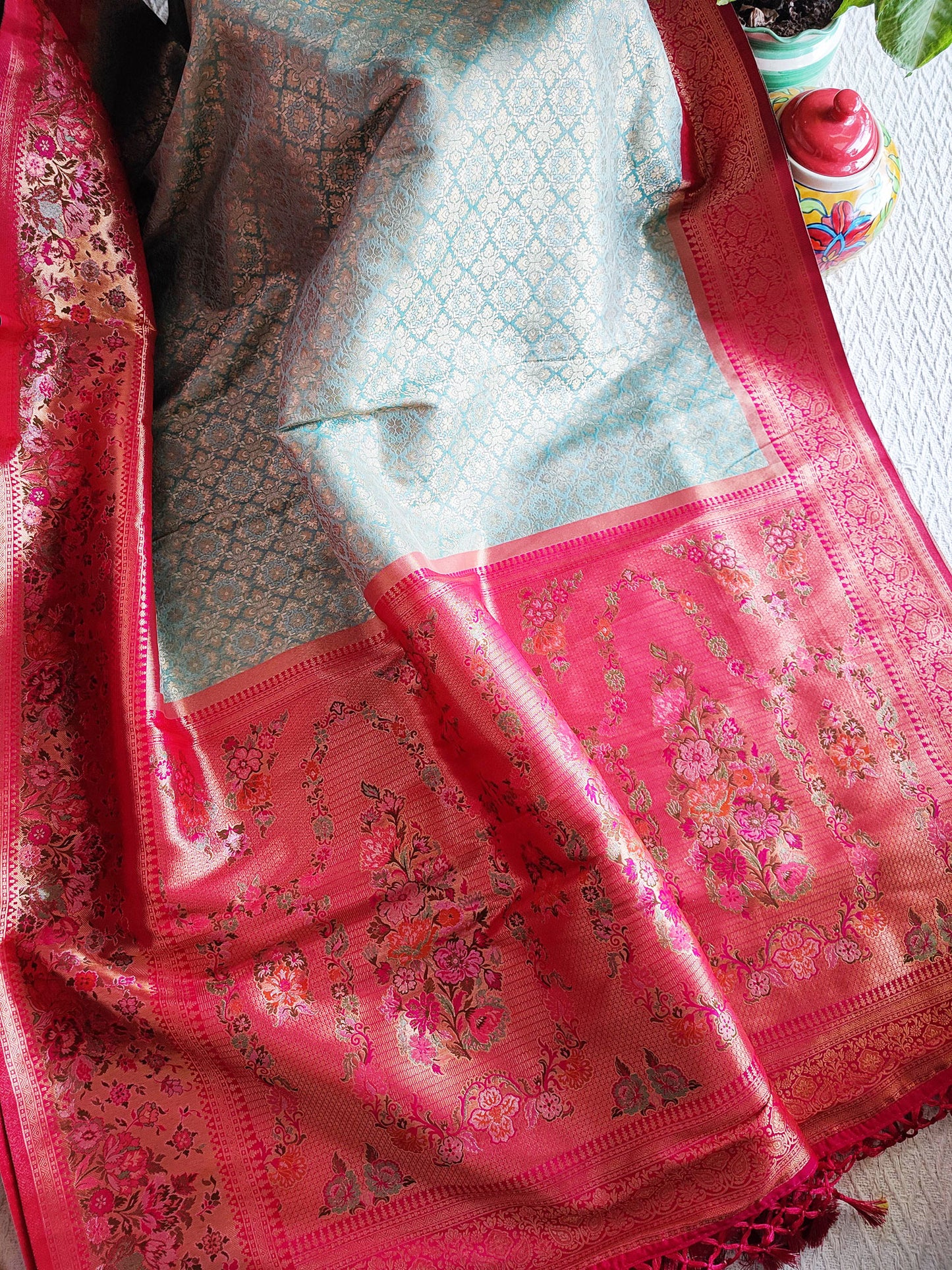 Magenta & Sea Green Banarasi Tanchoi Silk Brocade Saree