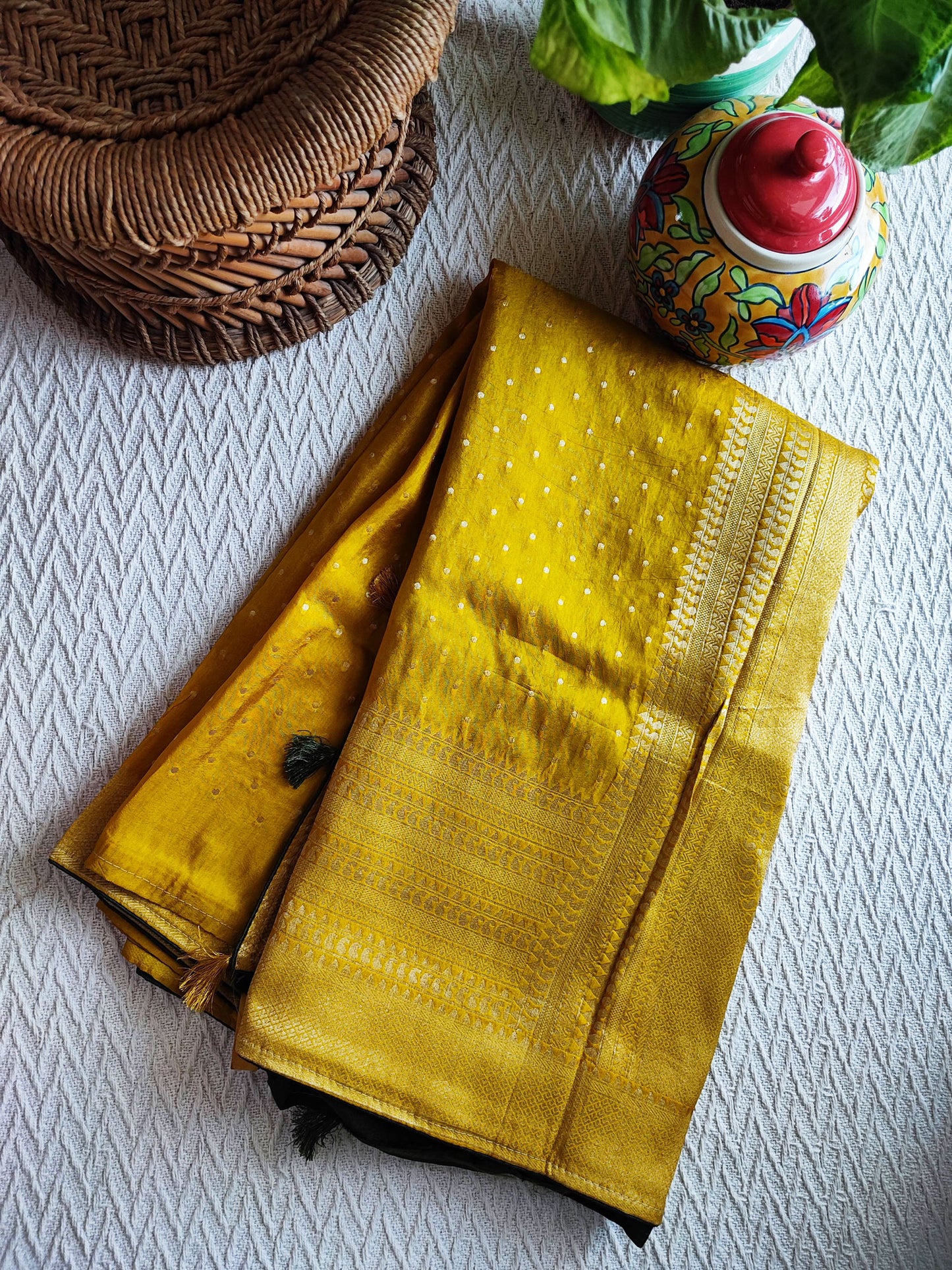 Mustard Banarsi Dola Silk Full Jaal Weaving Saree