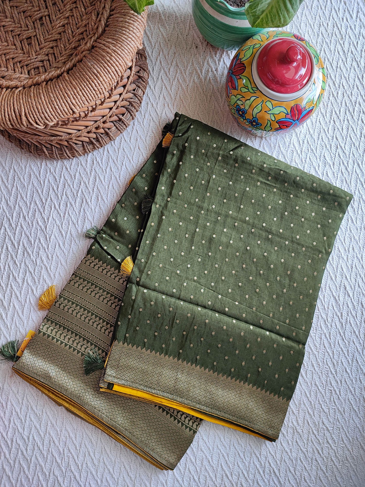 Dark Olive Green Banarsi Dola Silk Full Jaal Weaving Saree