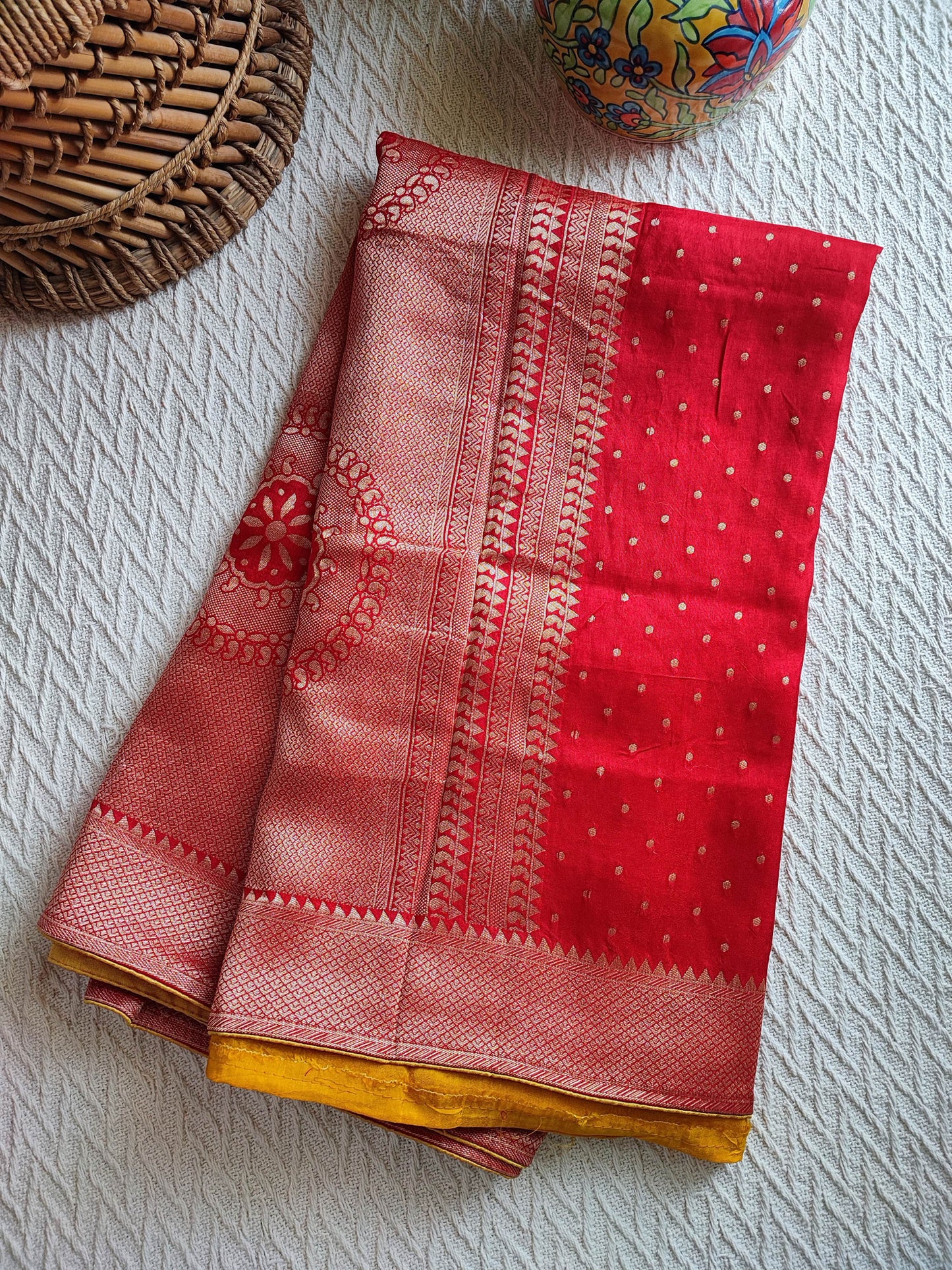 Candy Red Banarsi Dola Silk Full Jaal Weaving Saree