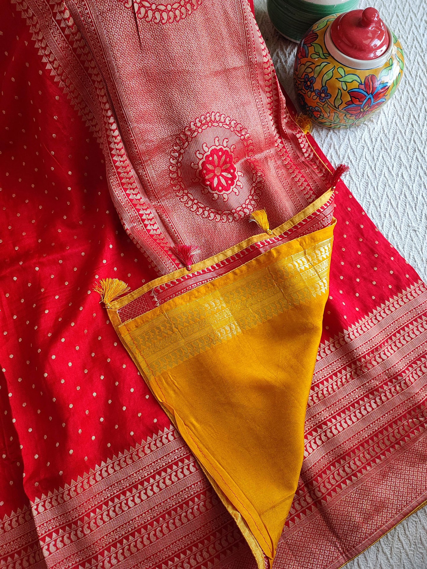 Candy Red Banarsi Dola Silk Full Jaal Weaving Saree