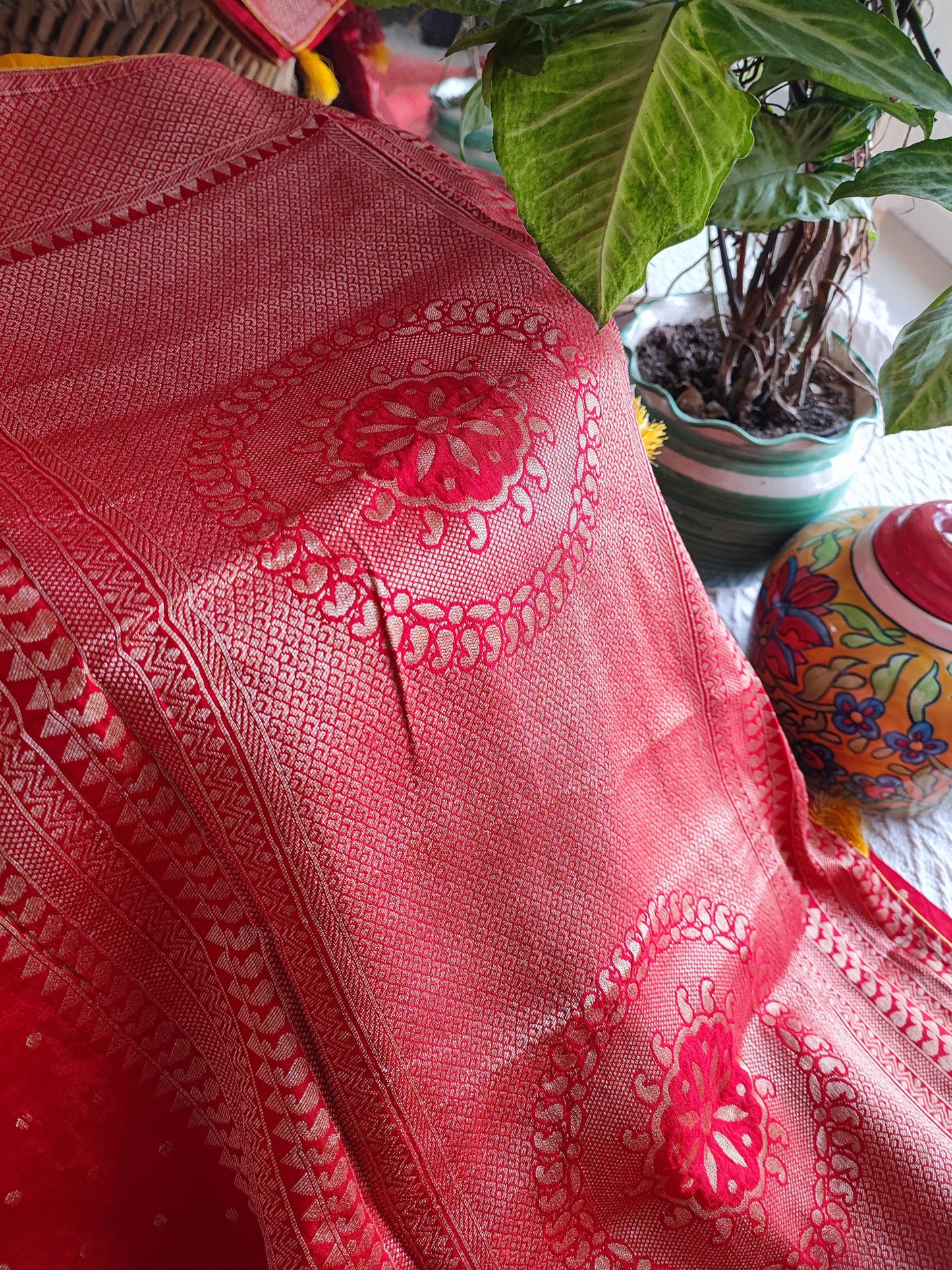 Candy Red Banarsi Dola Silk Full Jaal Weaving Saree