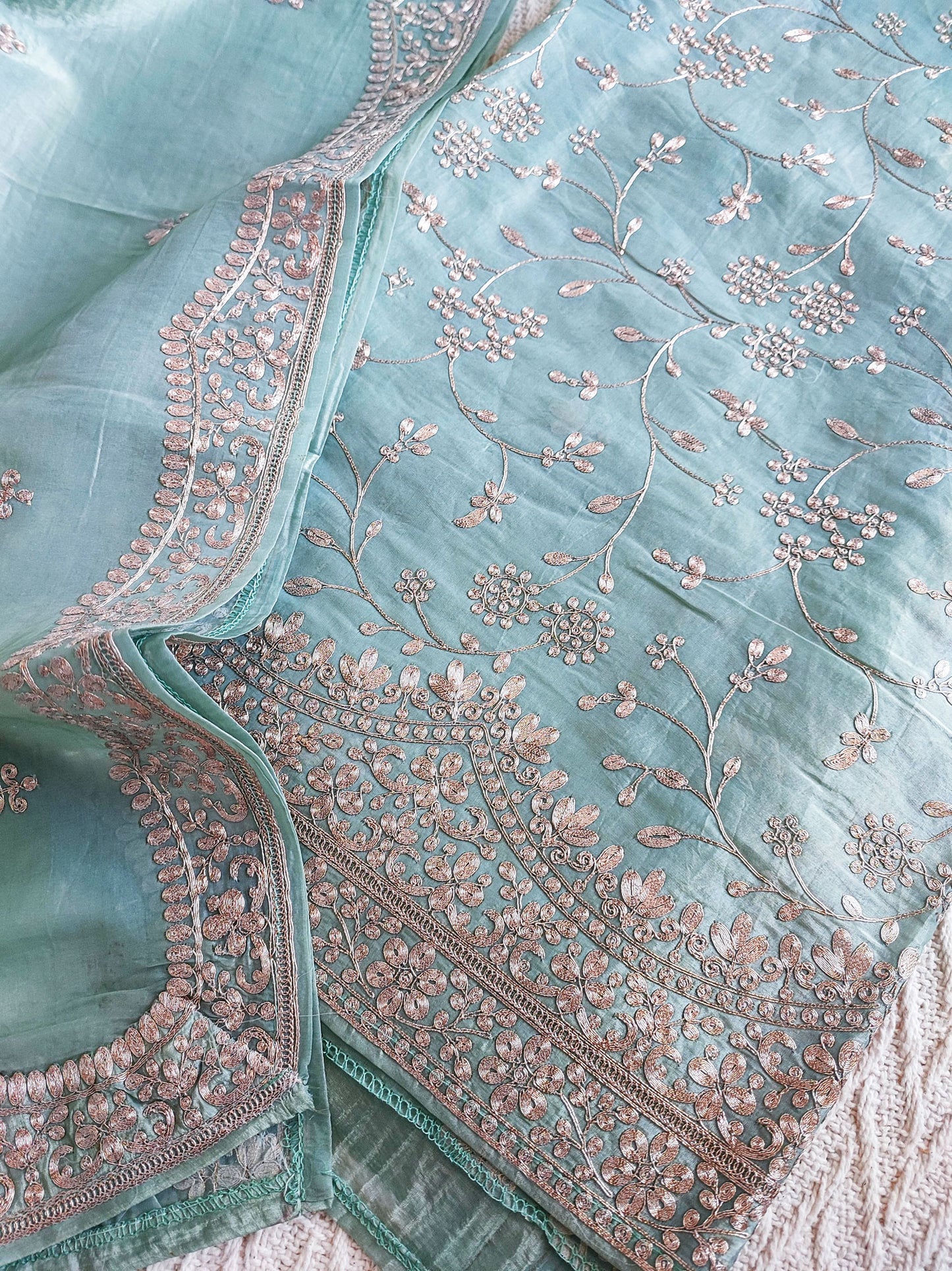 Light Turquoise Organza Tissue Suit with Pittawork Flattened Embroidery