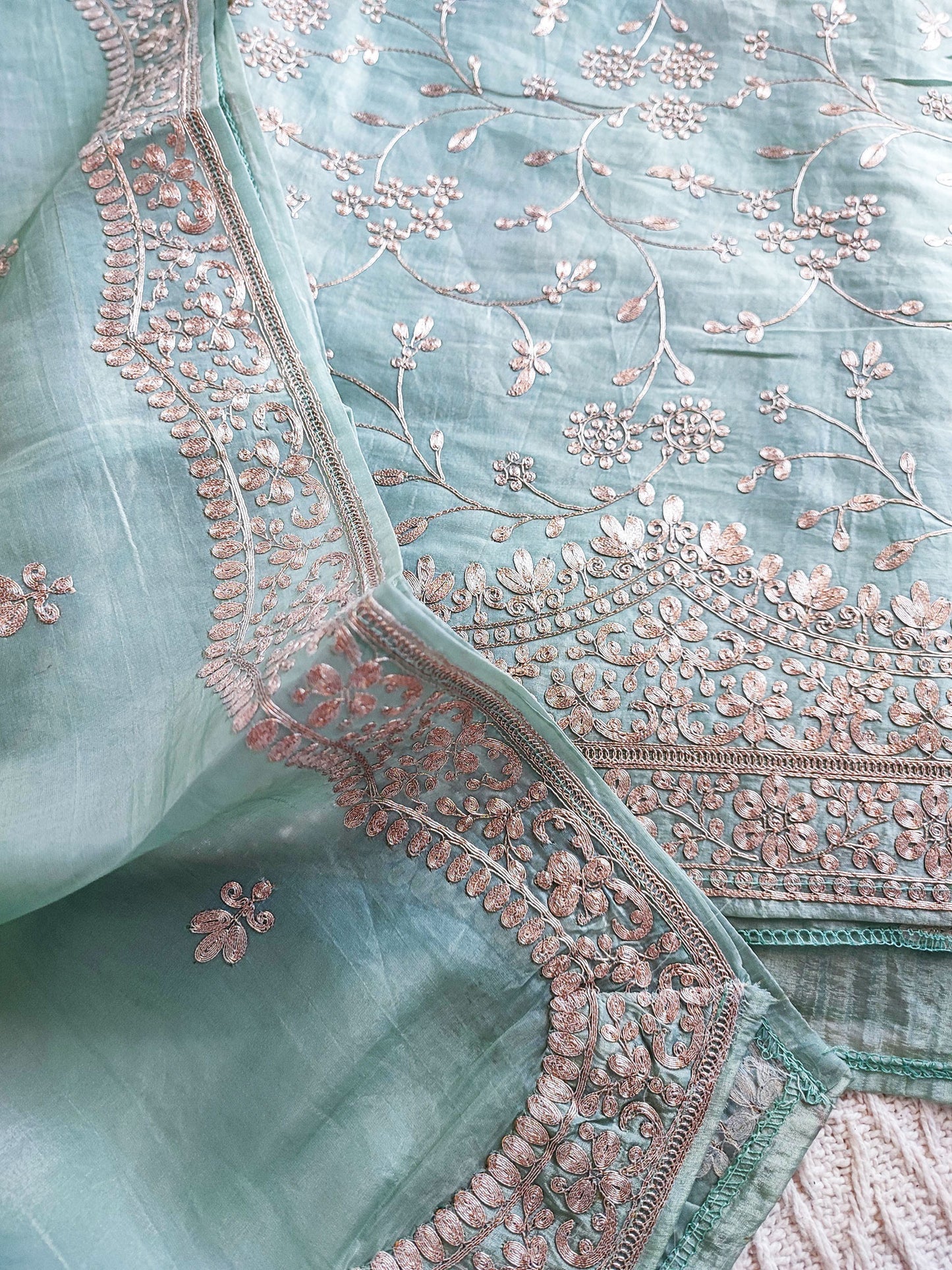 Light Turquoise Organza Tissue Suit with Pittawork Flattened Embroidery