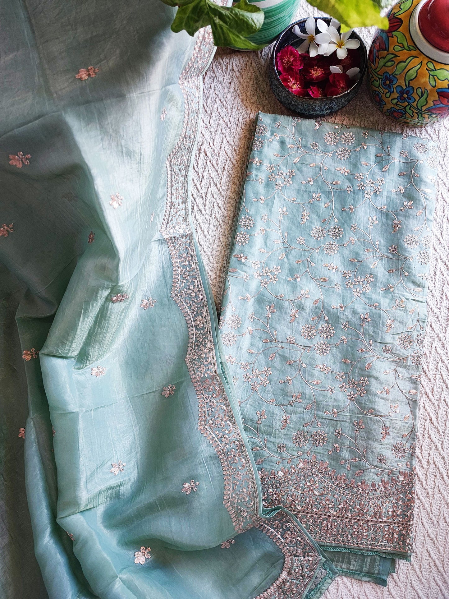 Light Turquoise Organza Tissue Suit with Pittawork Flattened Embroidery