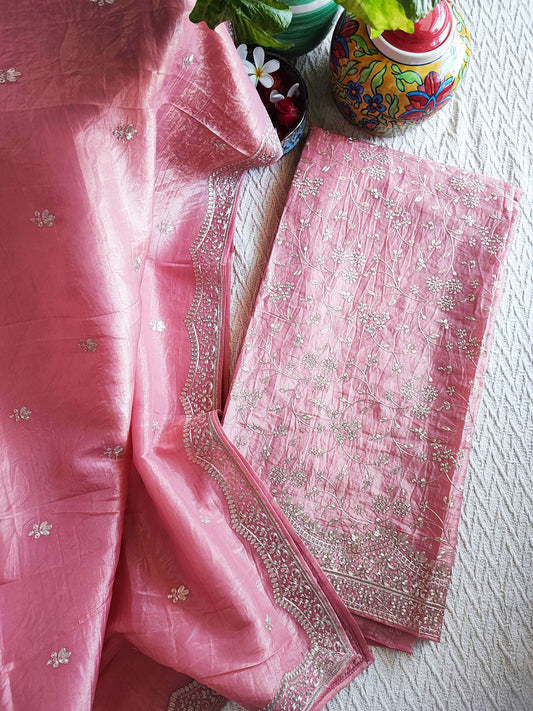 Flamingo Pink Organza Tissue Suit with Pittawork Flattened Embroidery