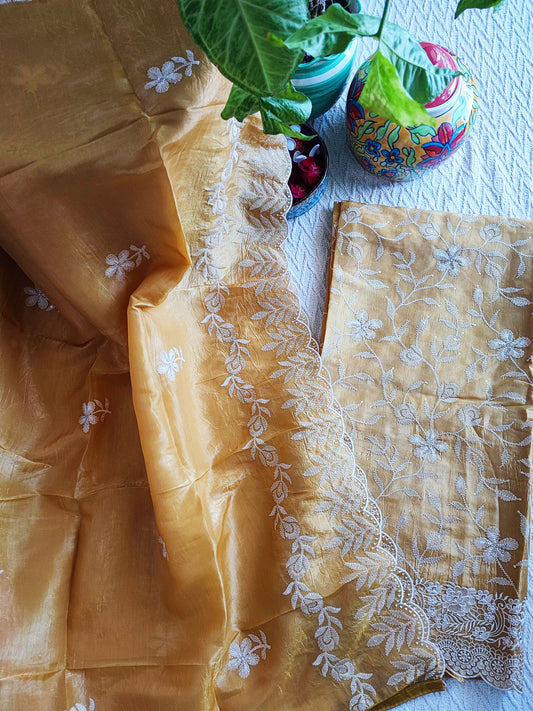 Beige Yellow Organza Tissue Suit with Embroidery