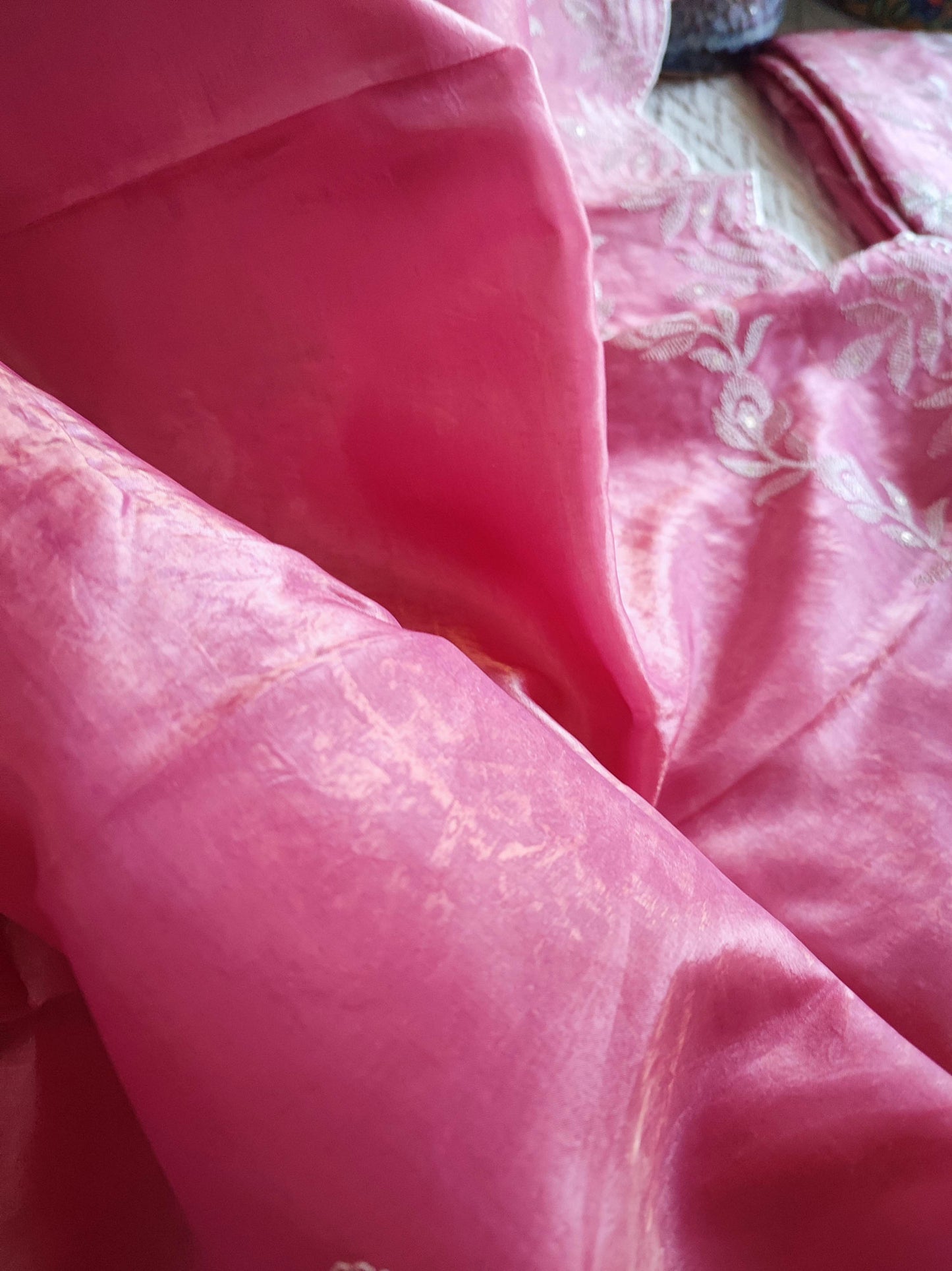 Hot Pink Organza Tissue Suit with Embroidery