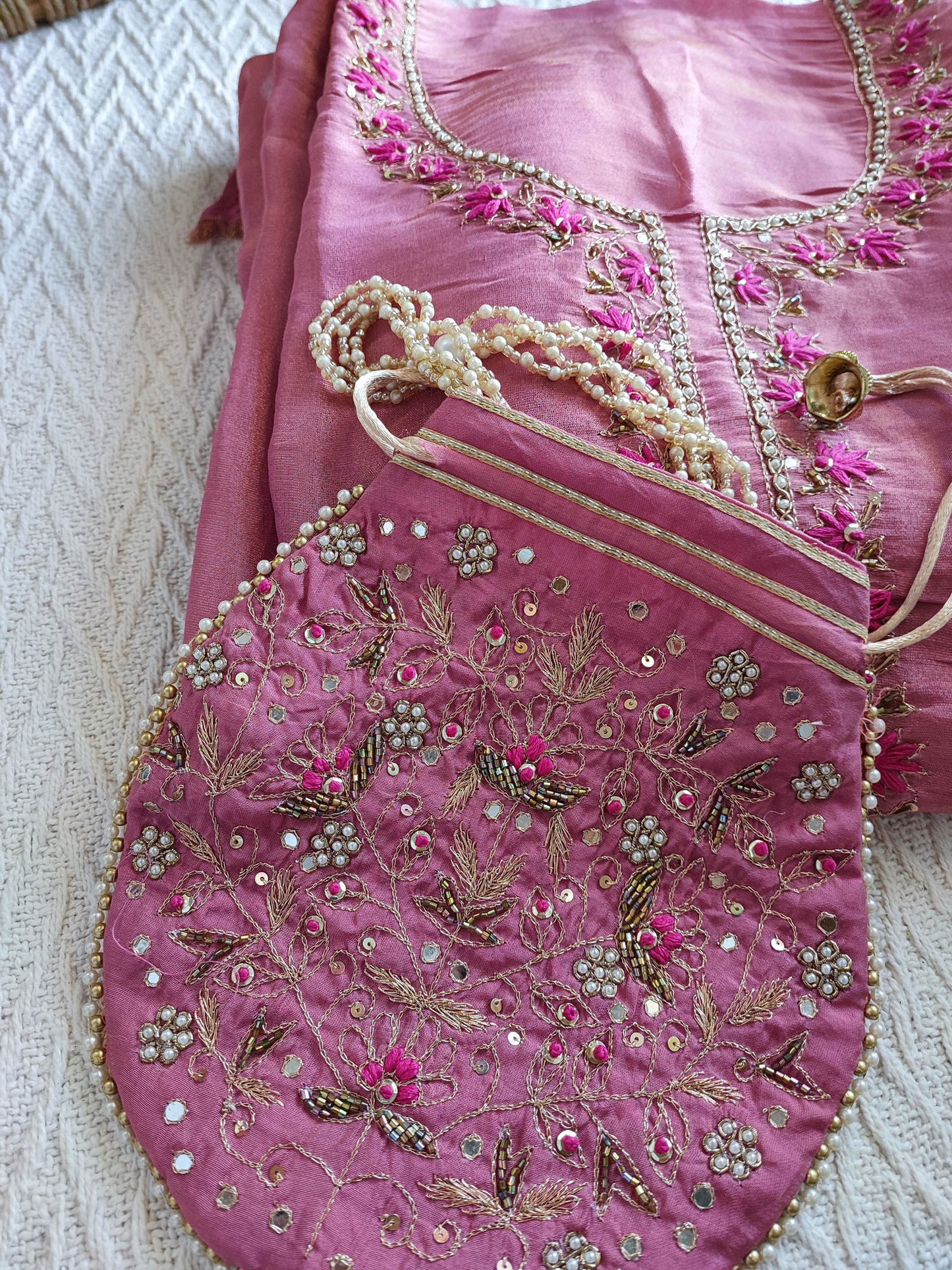 Bubblegum Pink Georgette Suit with Dabka & Zardozi handwork With Matching Potli & Hot Pink Zari Border Dupatta