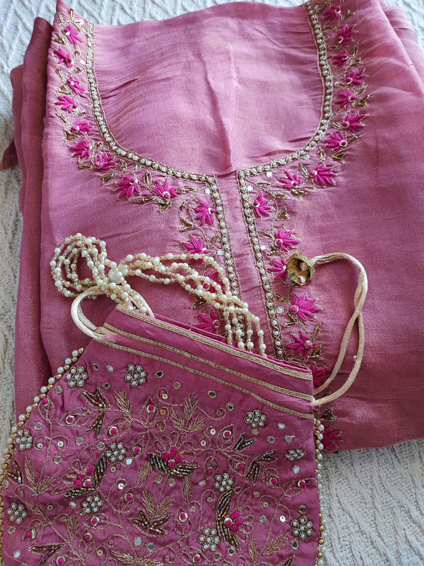 Bubblegum Pink Georgette Suit with Dabka & Zardozi handwork With Matching Potli & Hot Pink Zari Border Dupatta