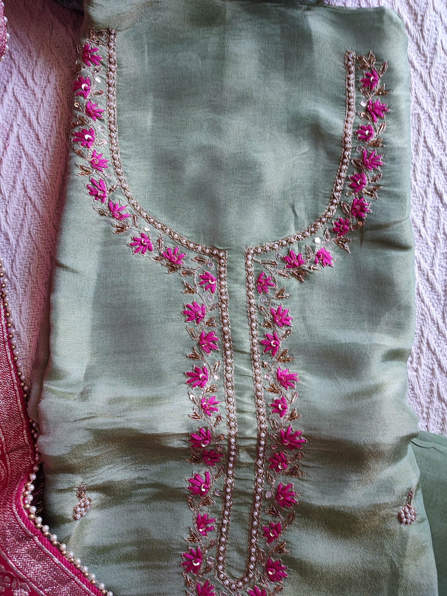 Pistachio Banarsi Dola Suit with Dabka & Zardozi handwork With Matching Potli & Hot Pink Zari Border Dupatta