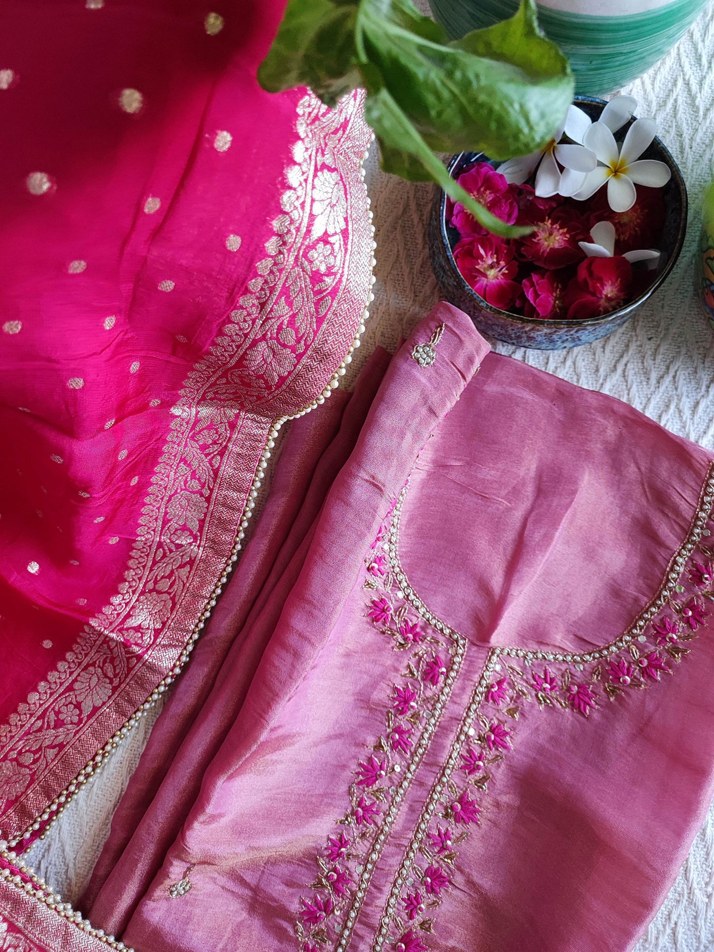 Bubblegum Pink Georgette Suit with Dabka & Zardozi handwork With Matching Potli & Hot Pink Zari Border Dupatta