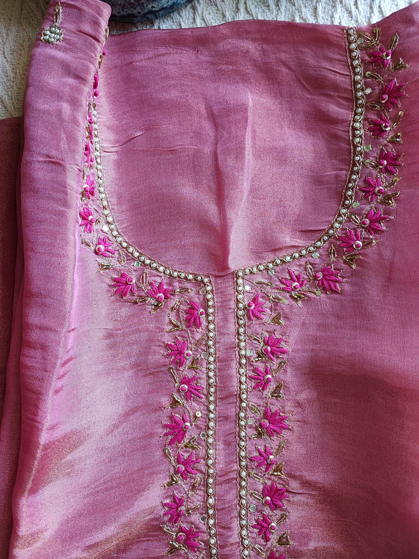 Bubblegum Pink Georgette Suit with Dabka & Zardozi handwork With Matching Potli & Hot Pink Zari Border Dupatta