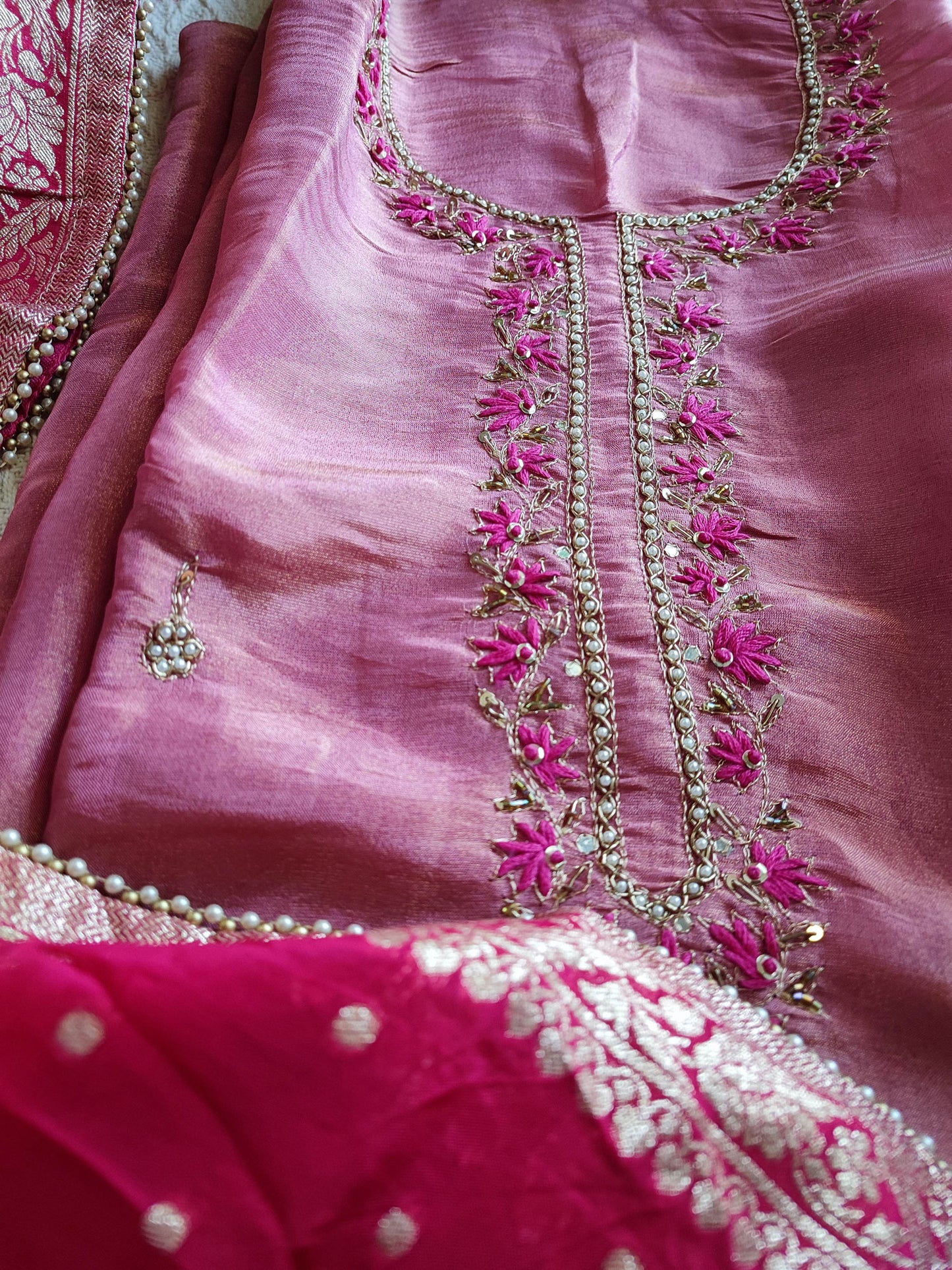 Bubblegum Pink Georgette Suit with Dabka & Zardozi handwork With Matching Potli & Hot Pink Zari Border Dupatta