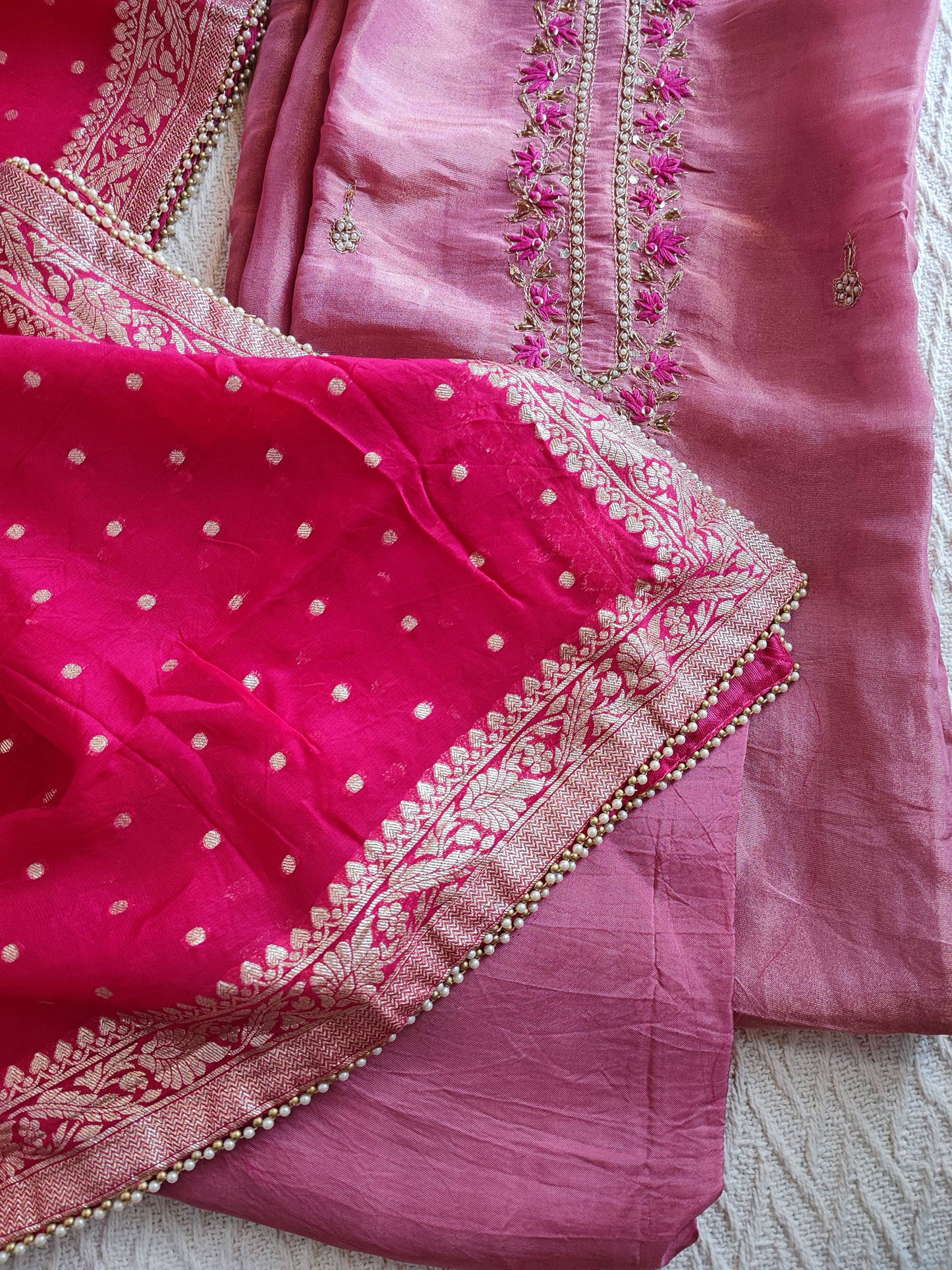 Bubblegum Pink Georgette Suit with Dabka & Zardozi handwork With Matching Potli & Hot Pink Zari Border Dupatta