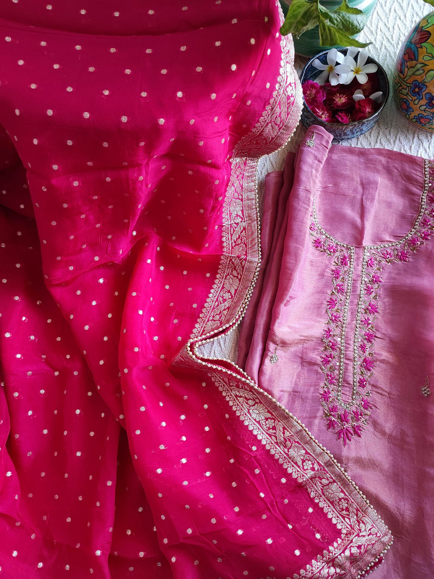 Bubblegum Pink Georgette Suit with Dabka & Zardozi handwork With Matching Potli & Hot Pink Zari Border Dupatta