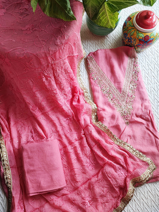 Pink Georgette Tissue Suit with Handwork on Neck and Chiffon Dupatta