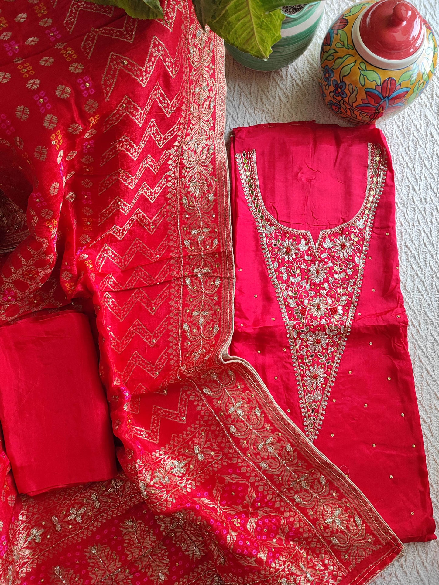 Crimson Dola Silk Embroided Suit With Dola Silk dupatta With Handwork