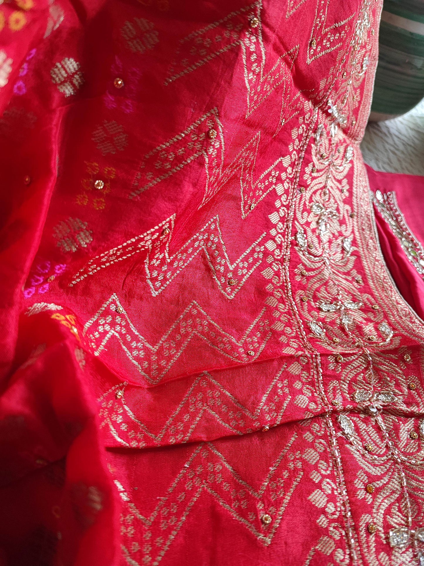 Crimson Dola Silk Embroided Suit With Dola Silk dupatta With Handwork