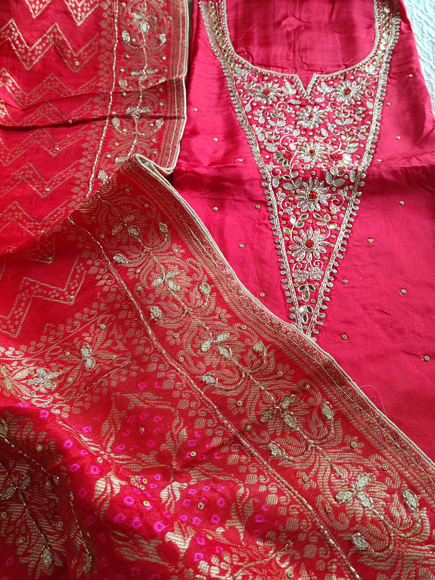 Crimson Dola Silk Embroided Suit With Dola Silk dupatta With Handwork