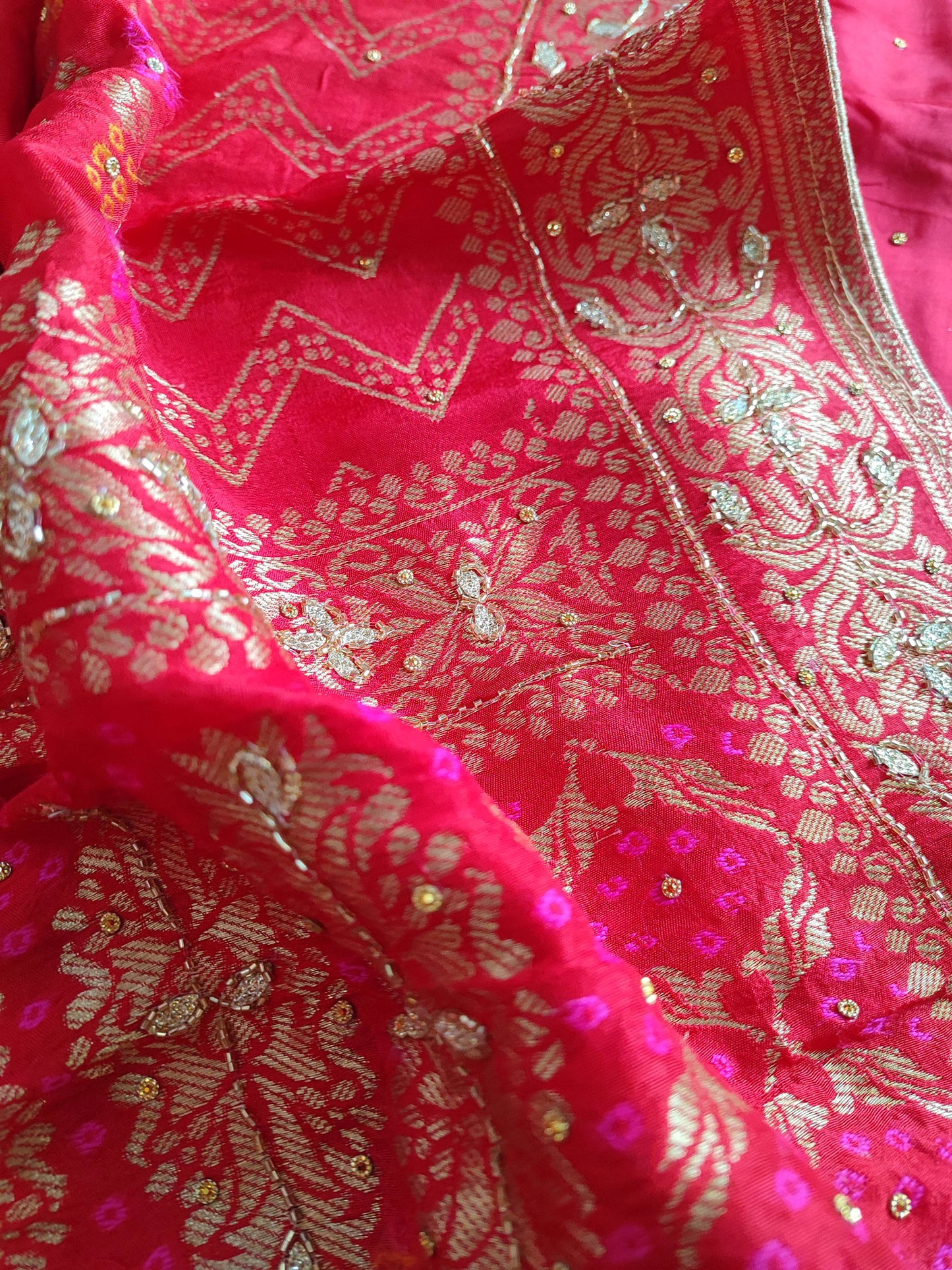 Crimson Dola Silk Embroided Suit With Dola Silk dupatta With Handwork