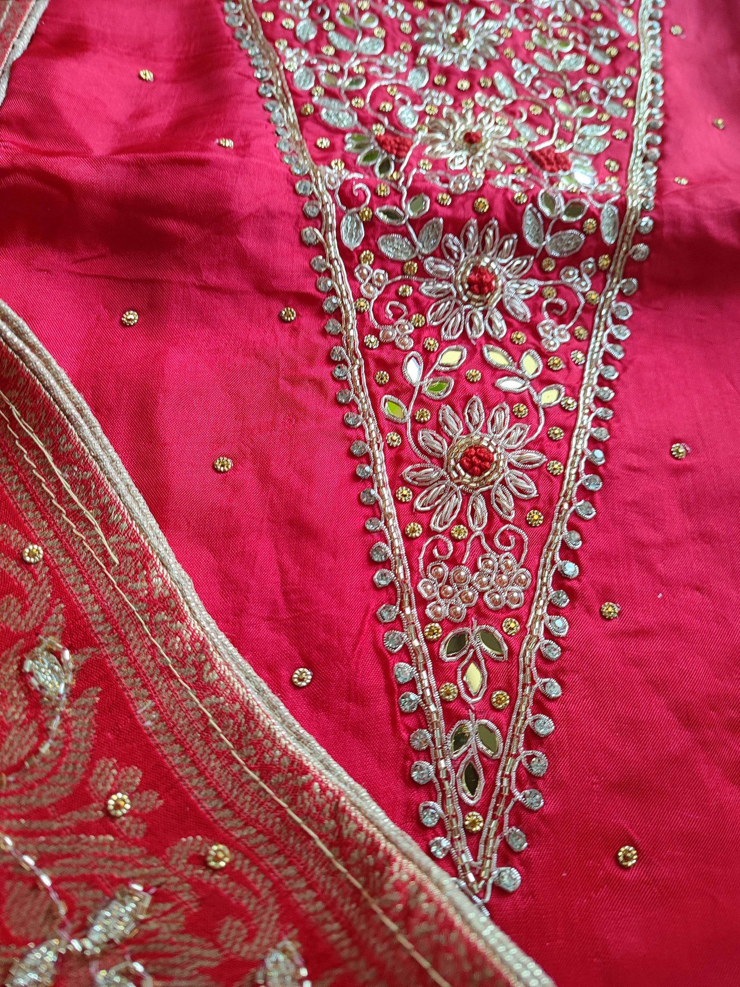 Crimson Dola Silk Embroided Suit With Dola Silk dupatta With Handwork