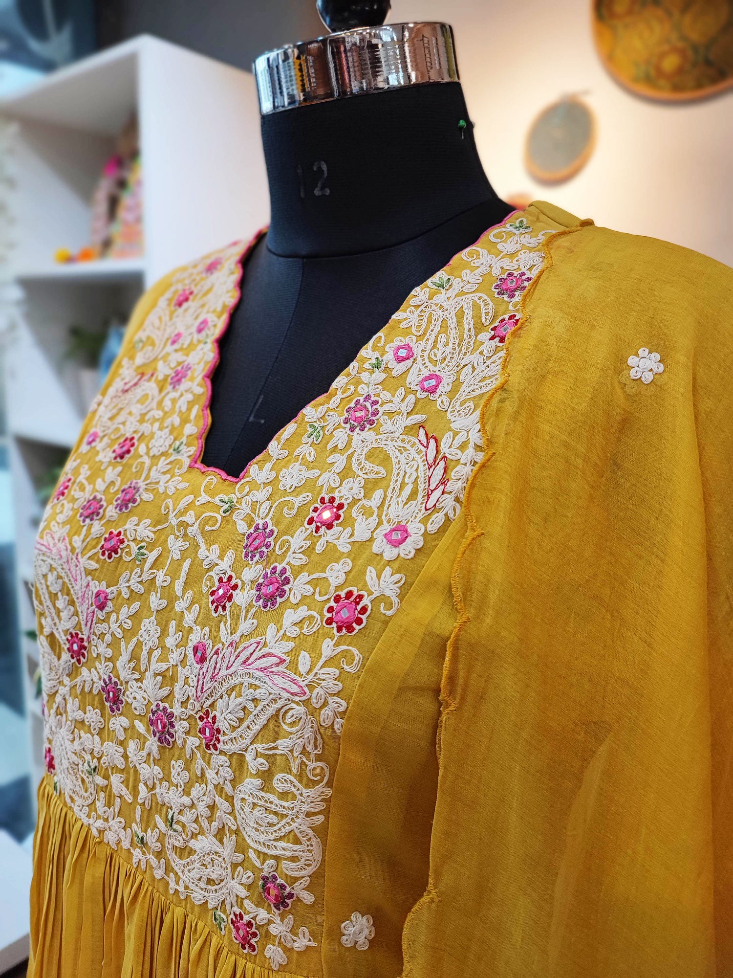 Blunt V Neck Mul Chanderi Silk Suit