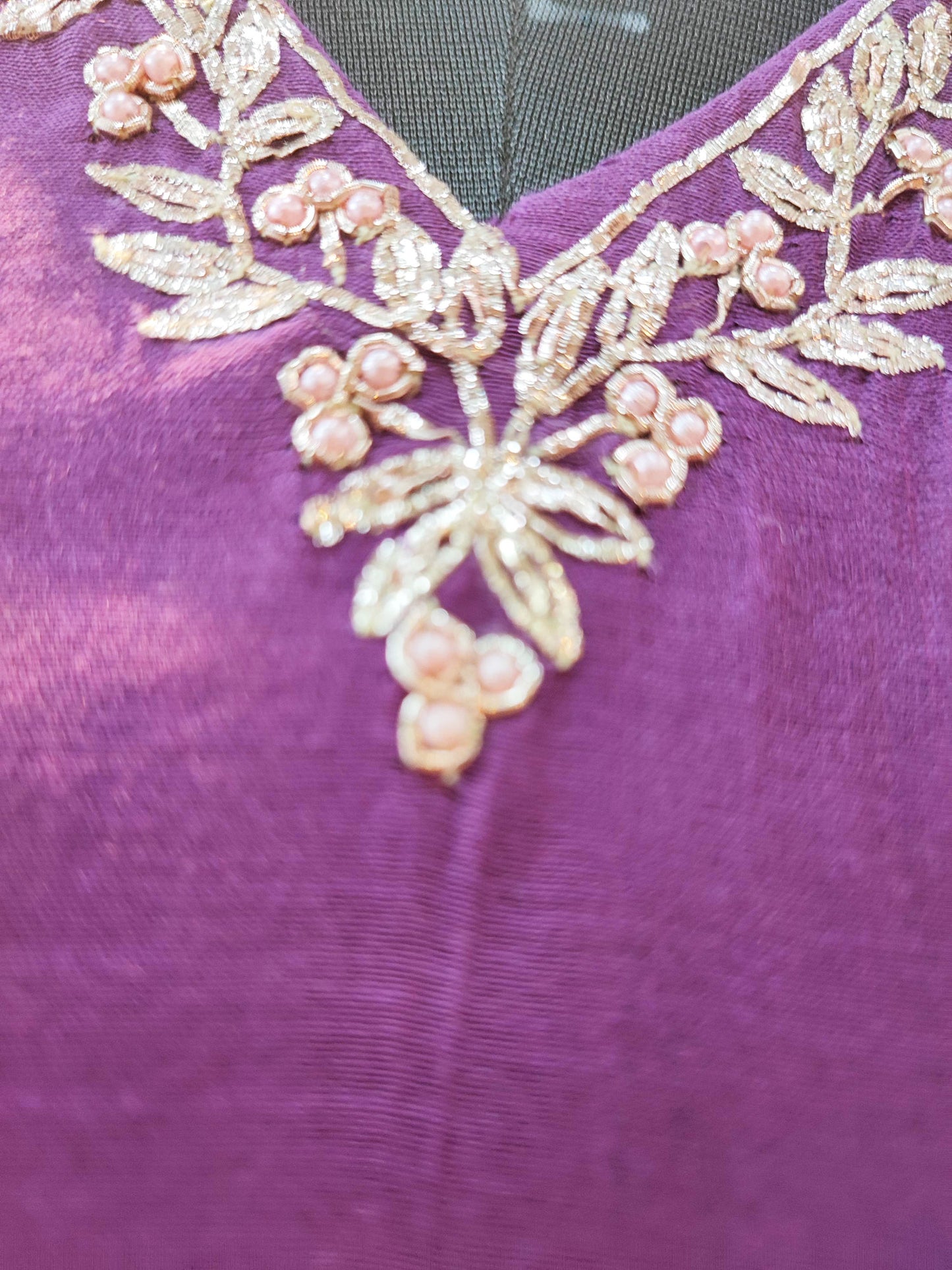 Purple Mul Chanderi Silk Suit with V Neck With Handwork on Neck and Sleeves