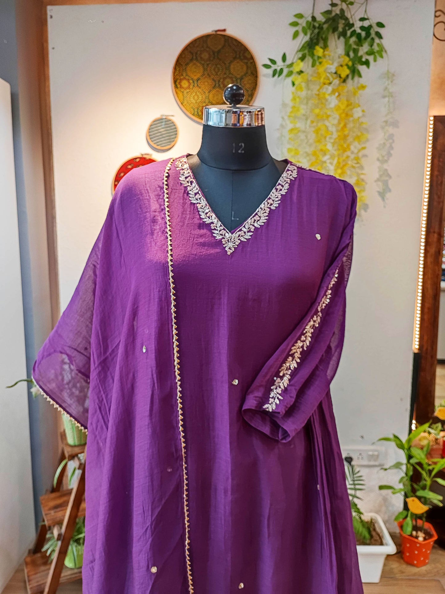 Purple Mul Chanderi Silk Suit with V Neck With Handwork on Neck and Sleeves