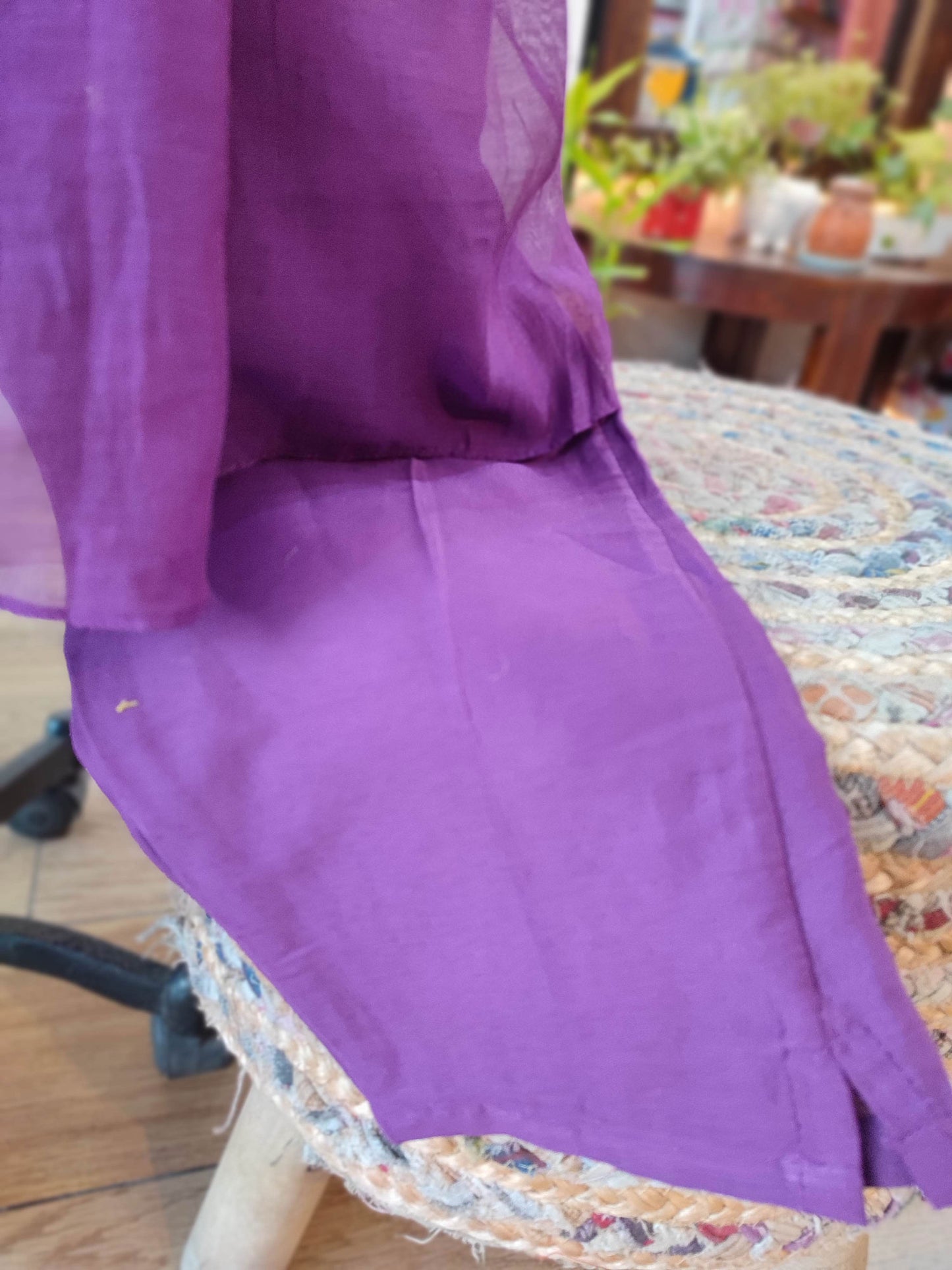 Purple Mul Chanderi Silk Suit with V Neck With Handwork on Neck and Sleeves