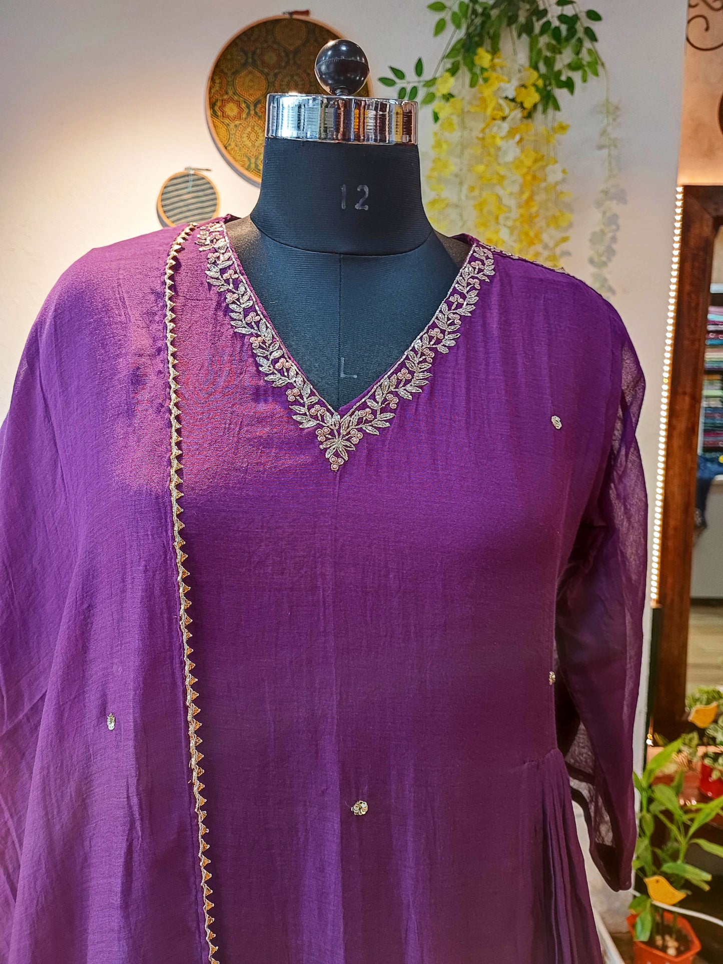 Purple Mul Chanderi Silk Suit with V Neck With Handwork on Neck and Sleeves