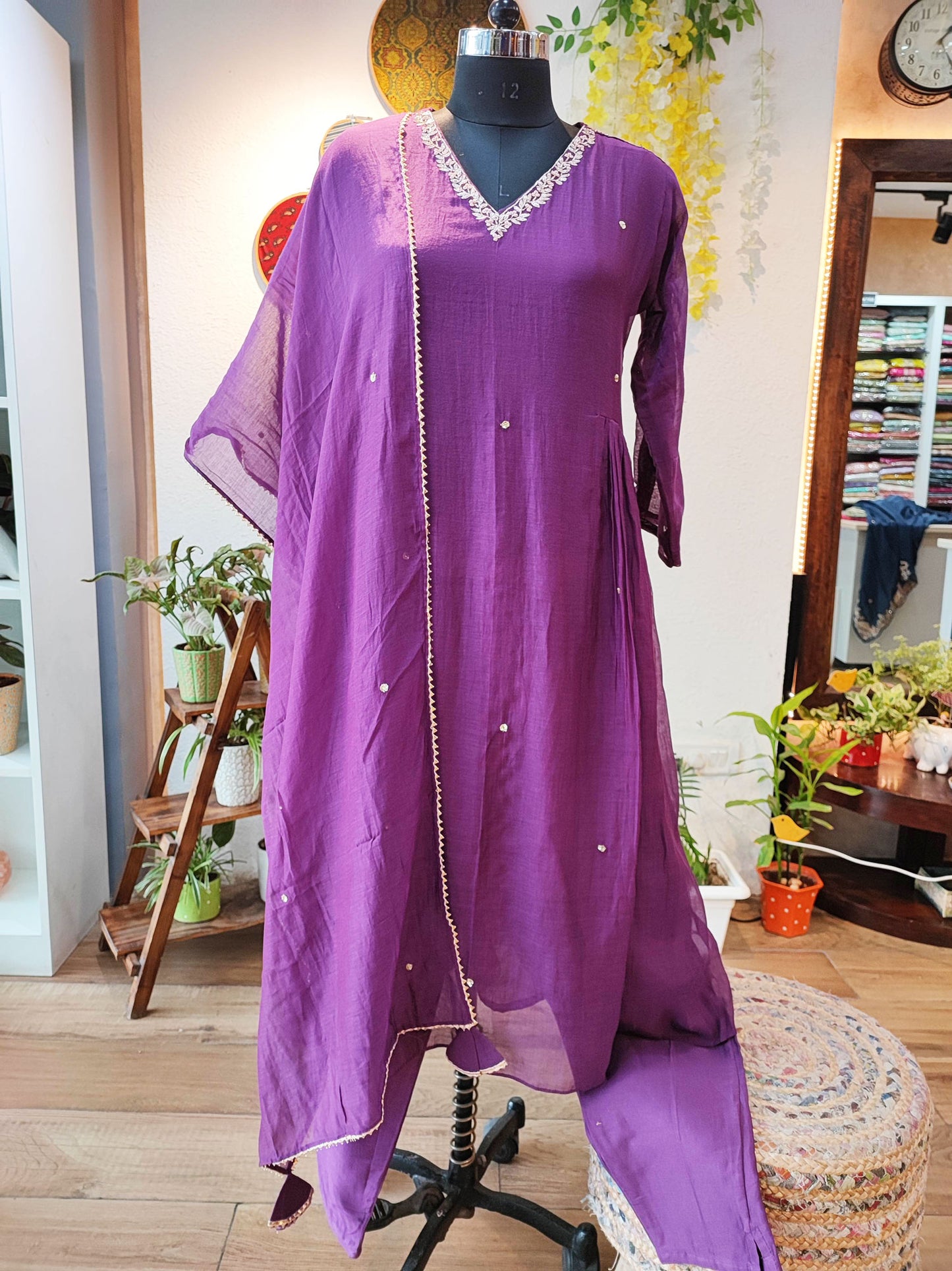 Purple Mul Chanderi Silk Suit with V Neck With Handwork on Neck and Sleeves