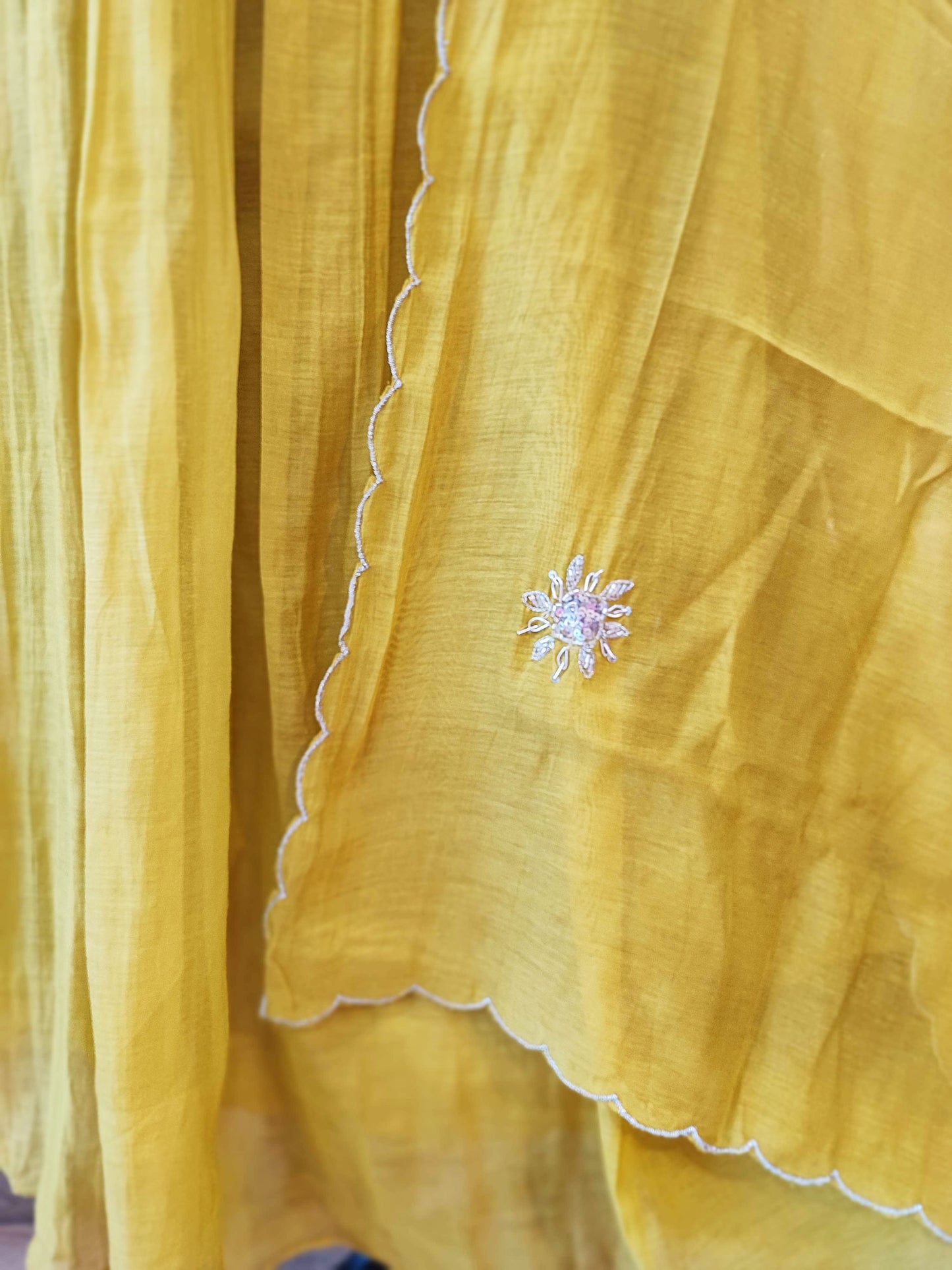 Lemon Yellow Mul Chanderi Suit With Handwork V-neck with Button Placket