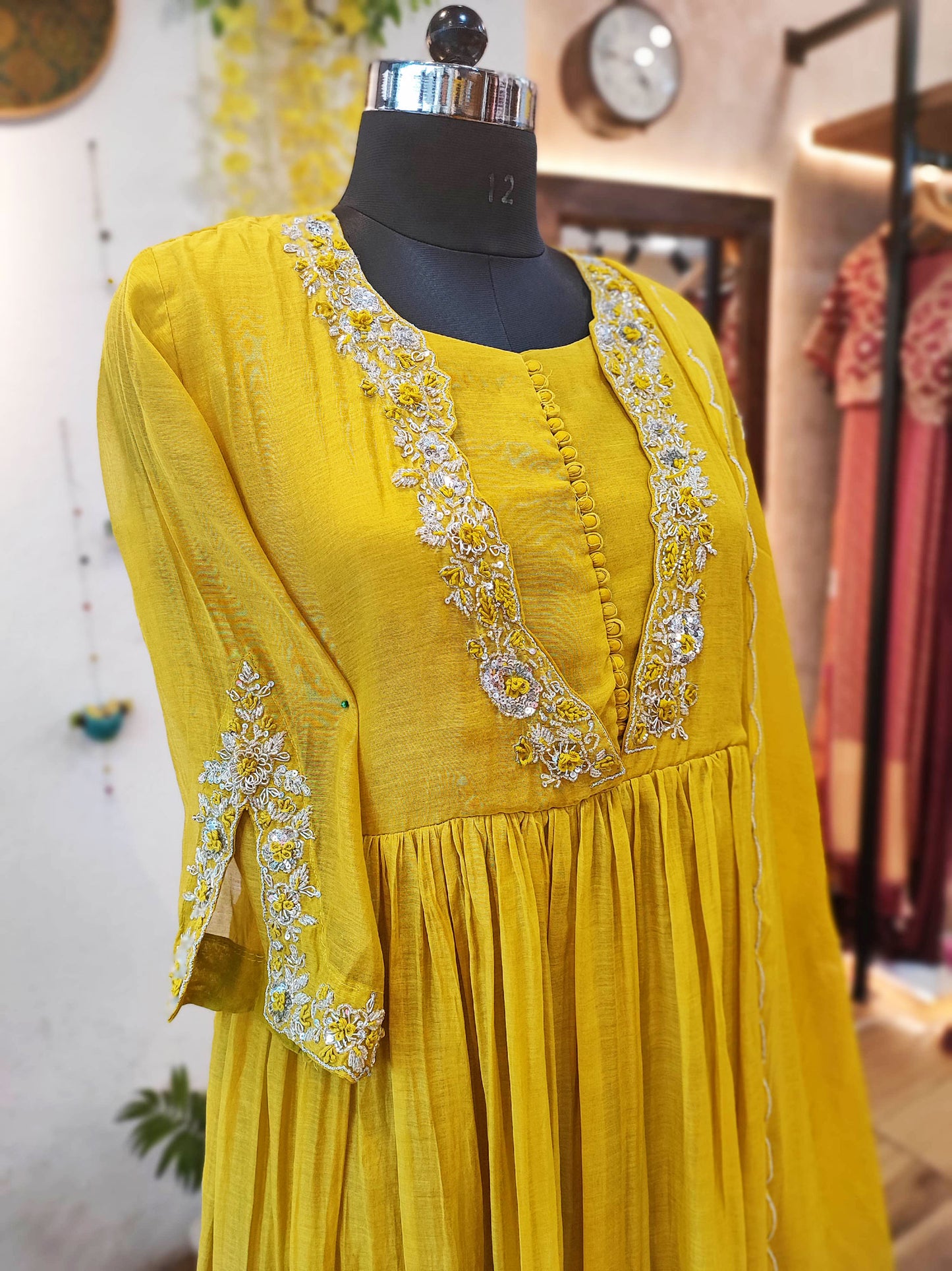 Lemon Yellow Mul Chanderi Suit With Handwork V-neck with Button Placket