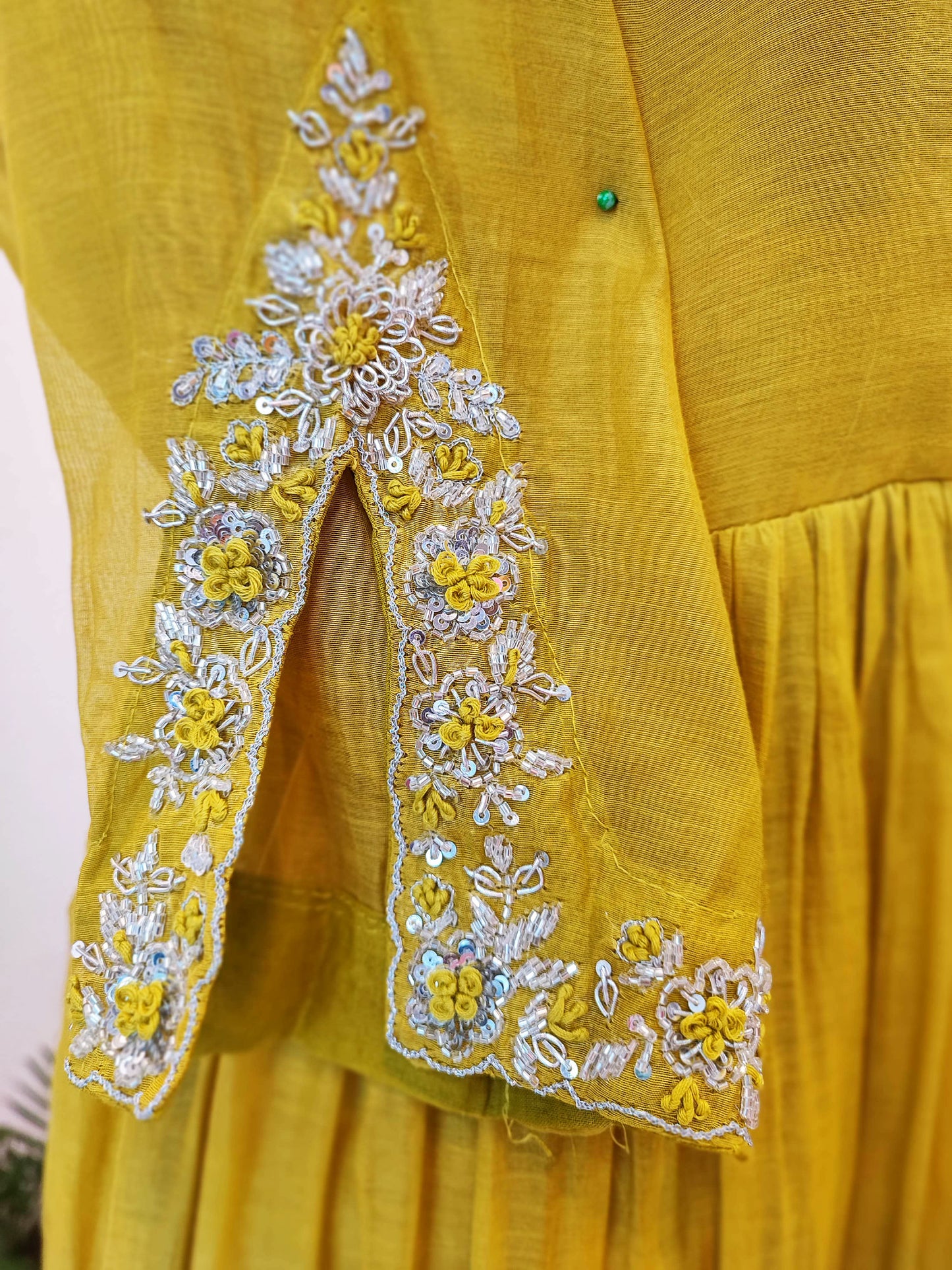 Lemon Yellow Mul Chanderi Suit With Handwork V-neck with Button Placket