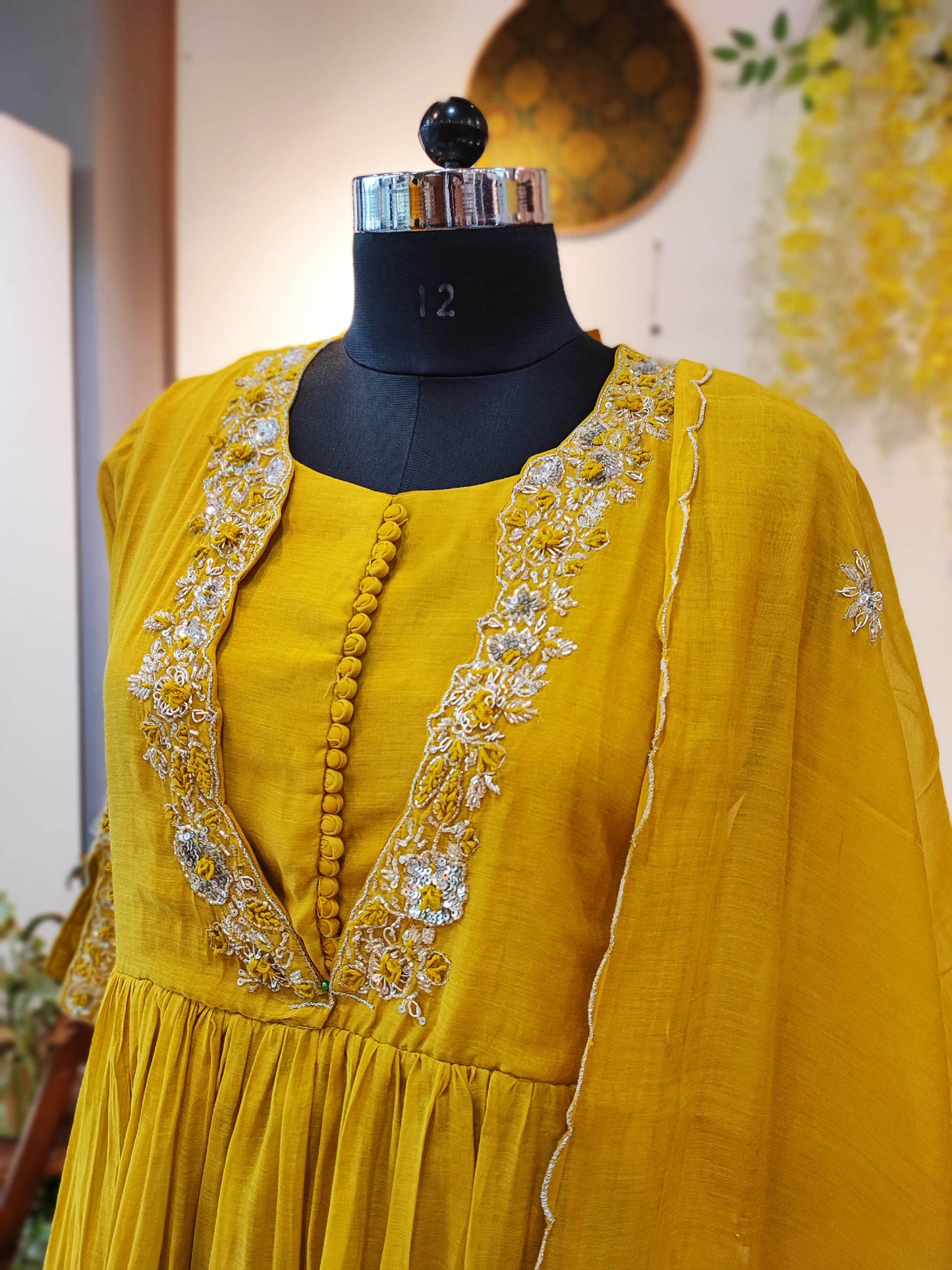 Lemon Yellow Mul Chanderi Suit With Handwork V-neck with Button Placket