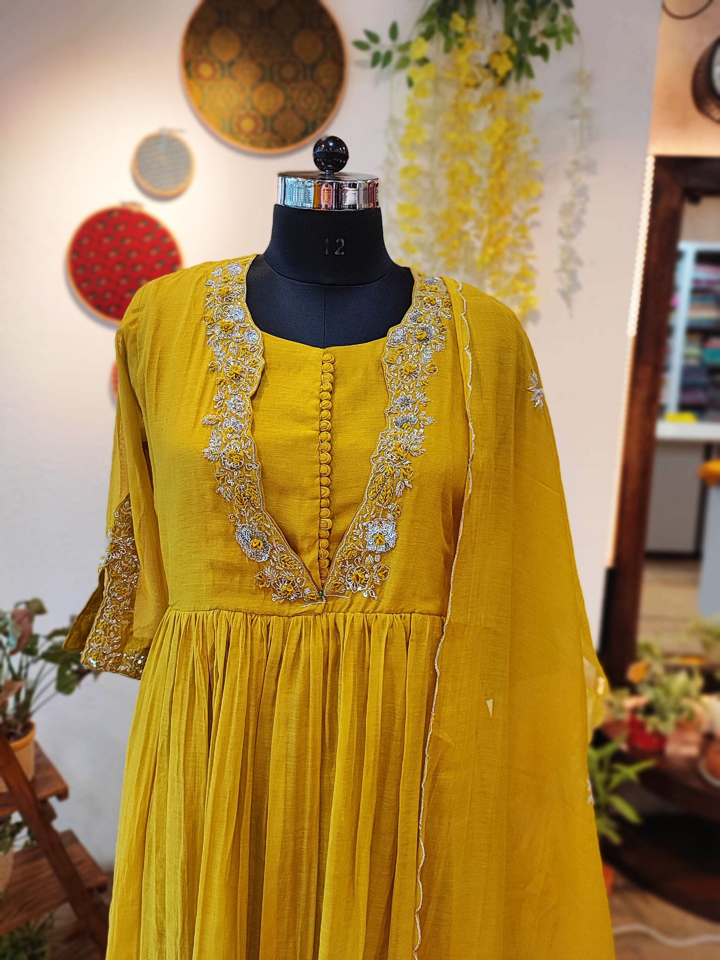 Lemon Yellow Mul Chanderi Suit With Handwork V-neck with Button Placket