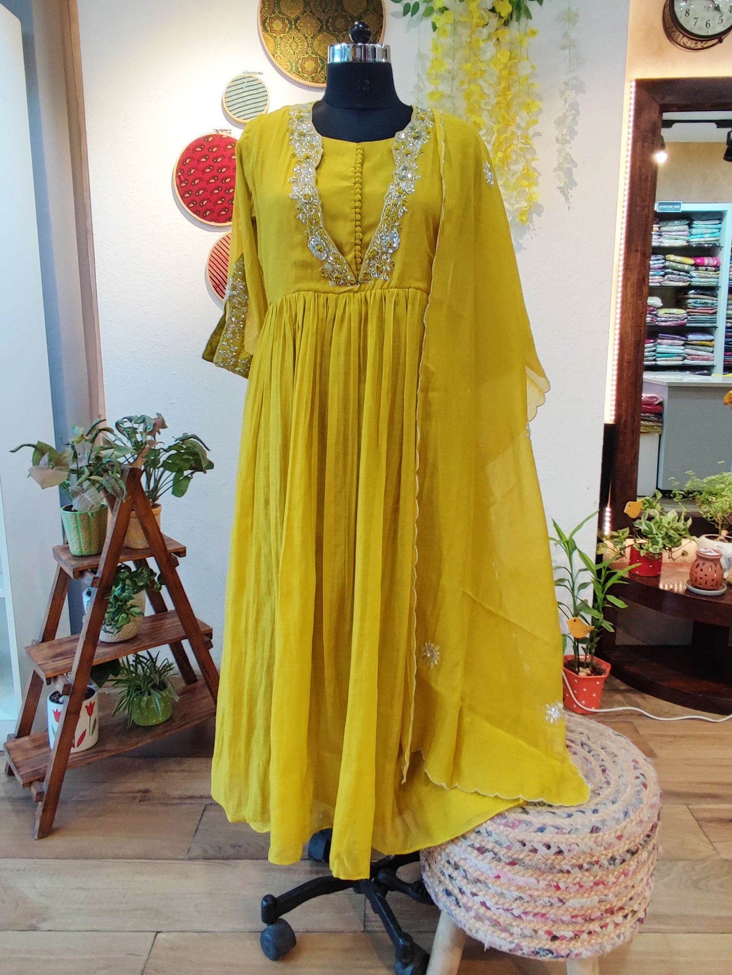 Lemon Yellow Mul Chanderi Suit With Handwork V-neck with Button Placket