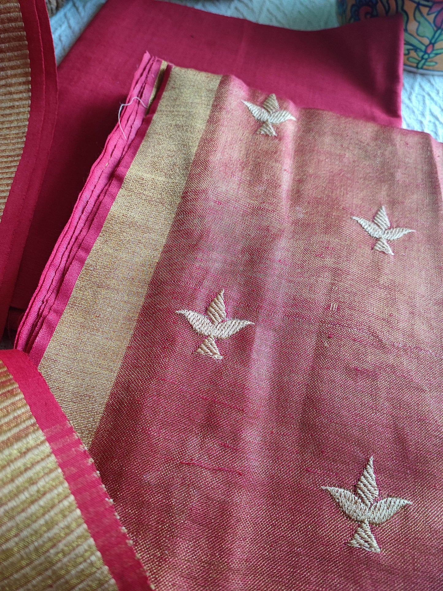 Hot Pink Handloom Soft Tissue Linen Suit With Resham Embroided Shirt & Zari Border Dupatta