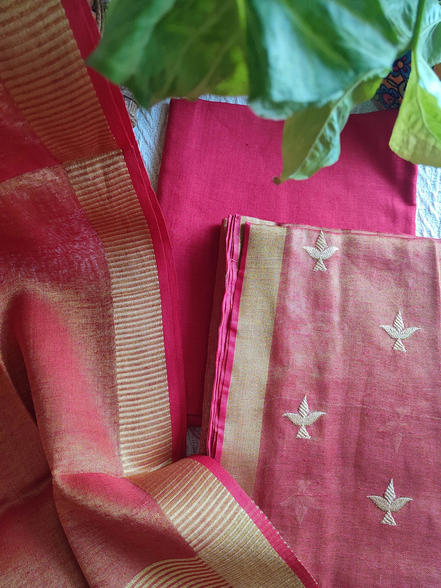 Hot Pink Handloom Soft Tissue Linen Suit With Resham Embroided Shirt & Zari Border Dupatta