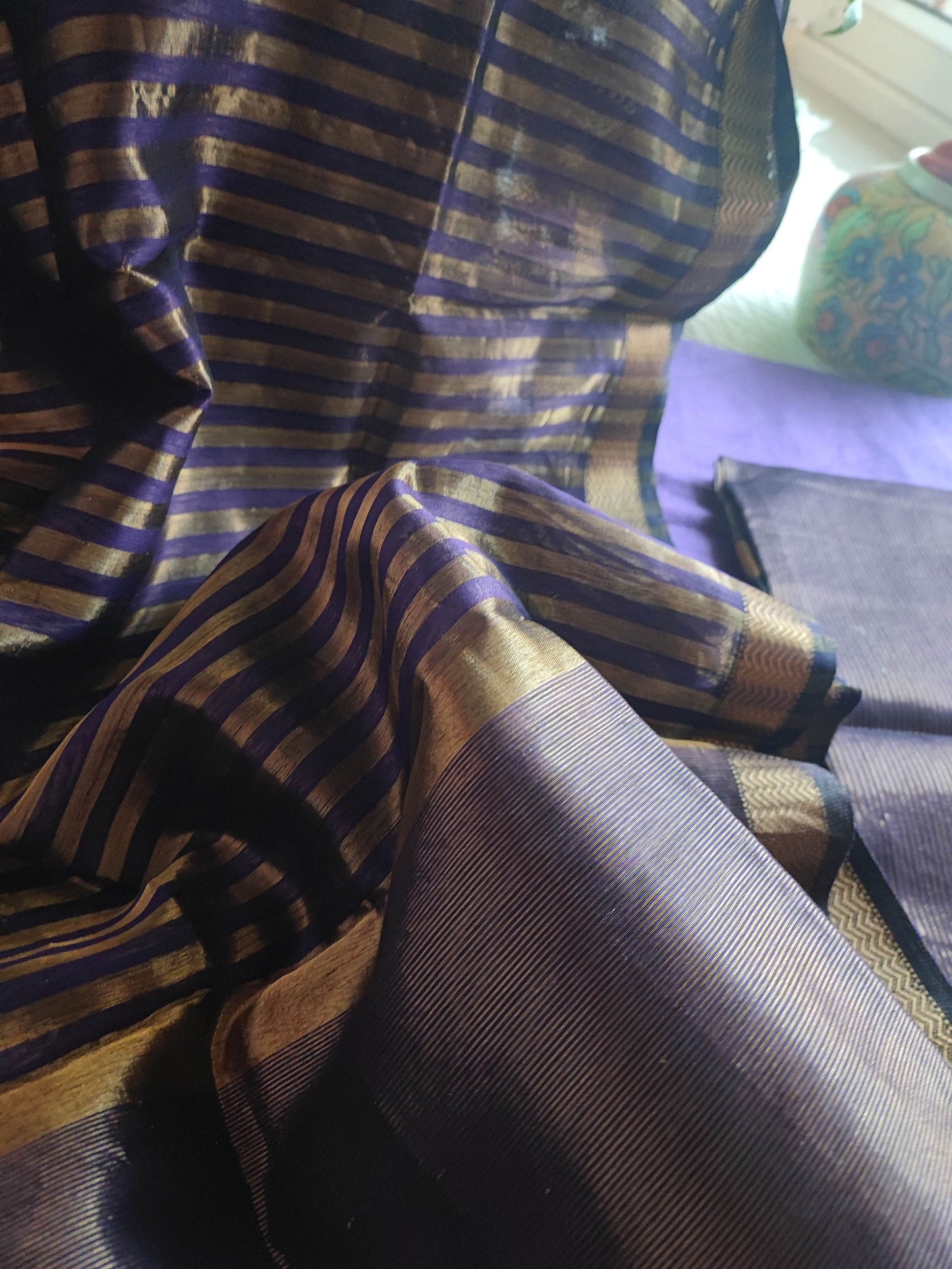 Indigo Maheshwari Tissue Suit With Zari Striped Shirt and Dupatta and Cotton Bottom