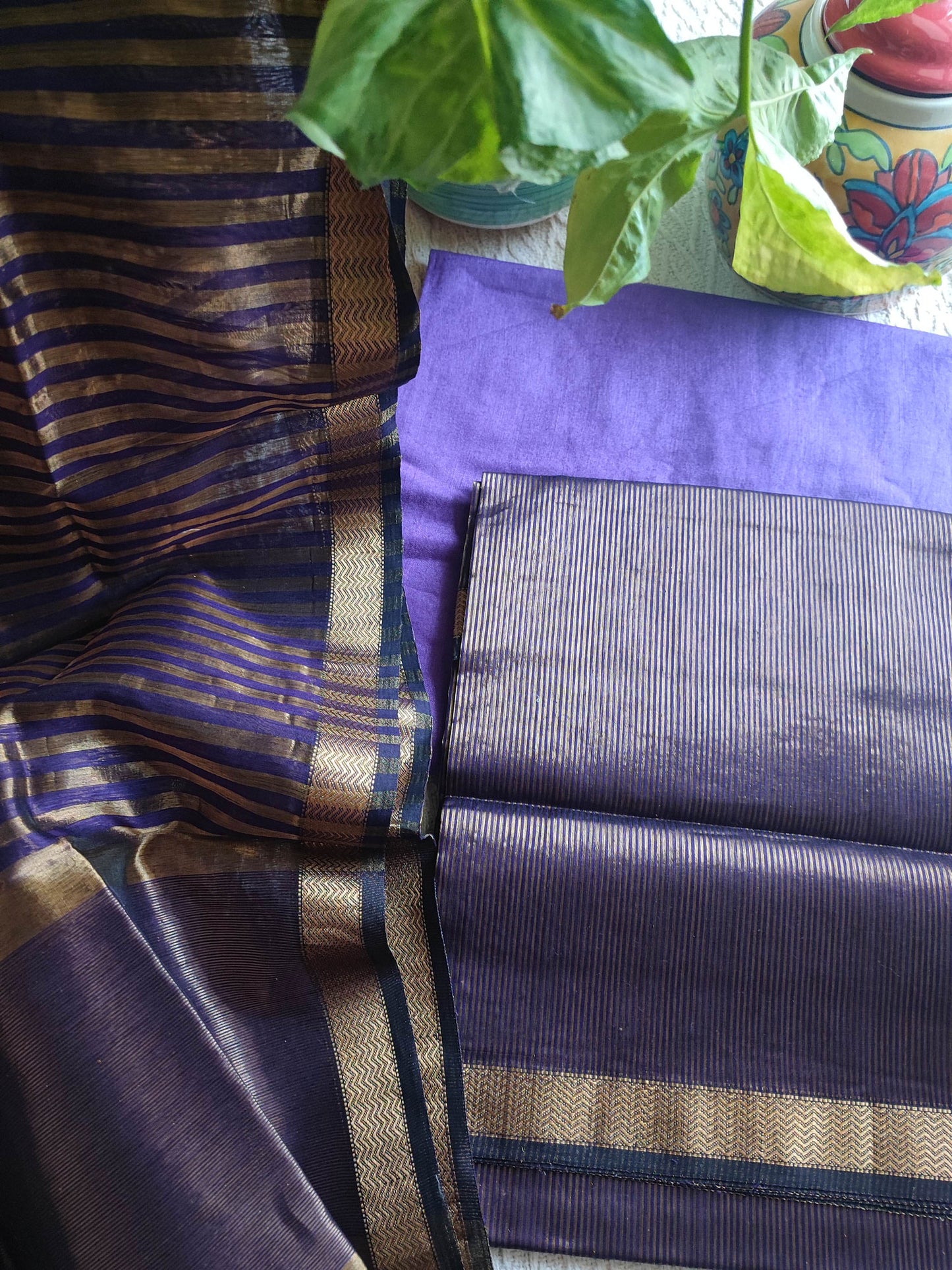 Indigo Maheshwari Tissue Suit With Zari Striped Shirt and Dupatta and Cotton Bottom