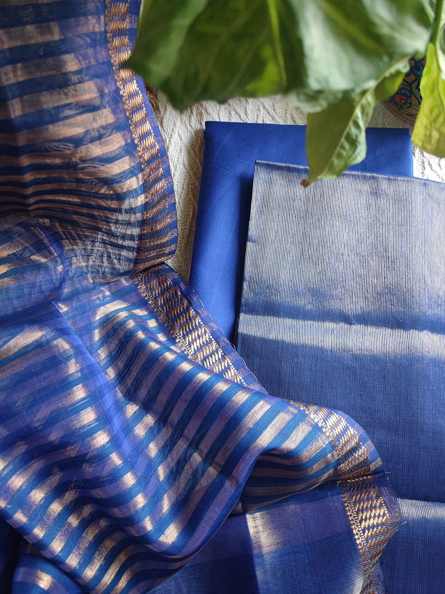 Cadmium Blue Maheshwari Tissue Suit With Zari Striped Shirt and Dupatta